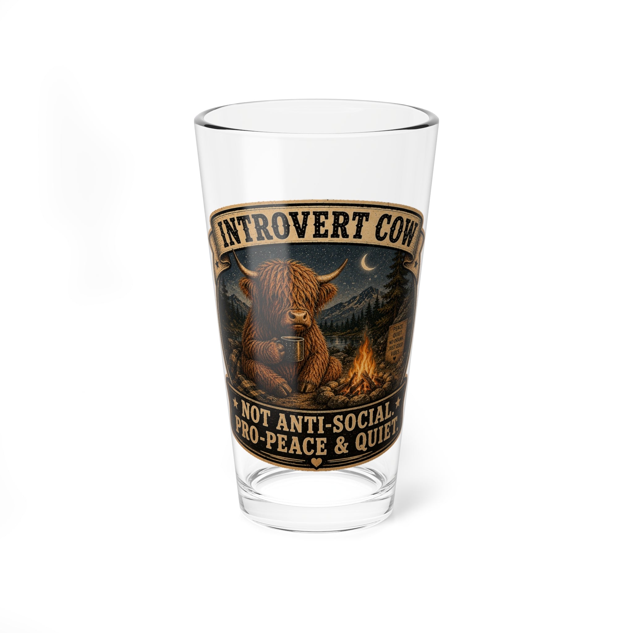 Introvert Cow 16oz Mixing Glass — Campfire Cozy Whiskey & Cocktail Glass