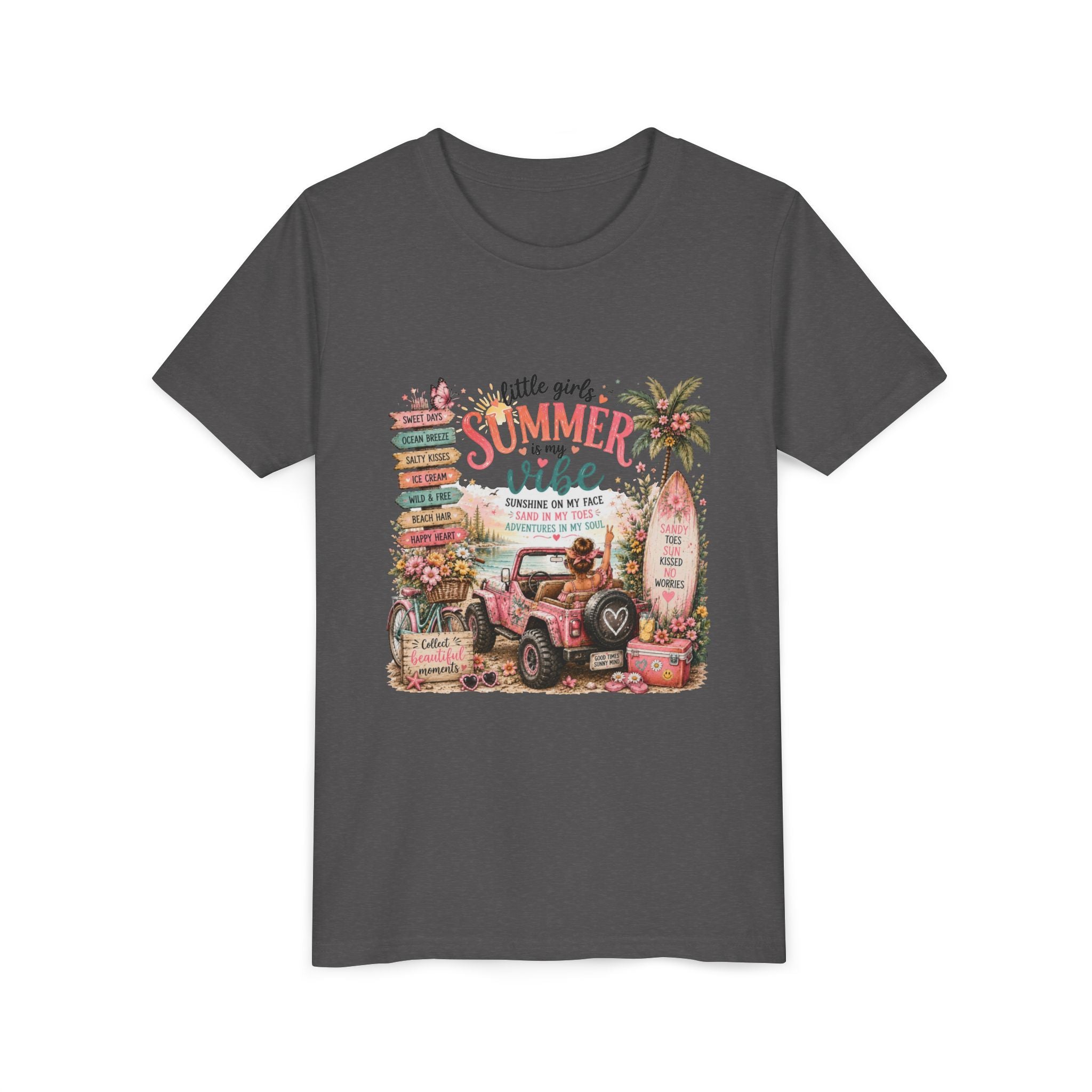 "Little Girls Summer Vibe" Tropical Jeep Surfboard Beach Graphic - Youth Tee