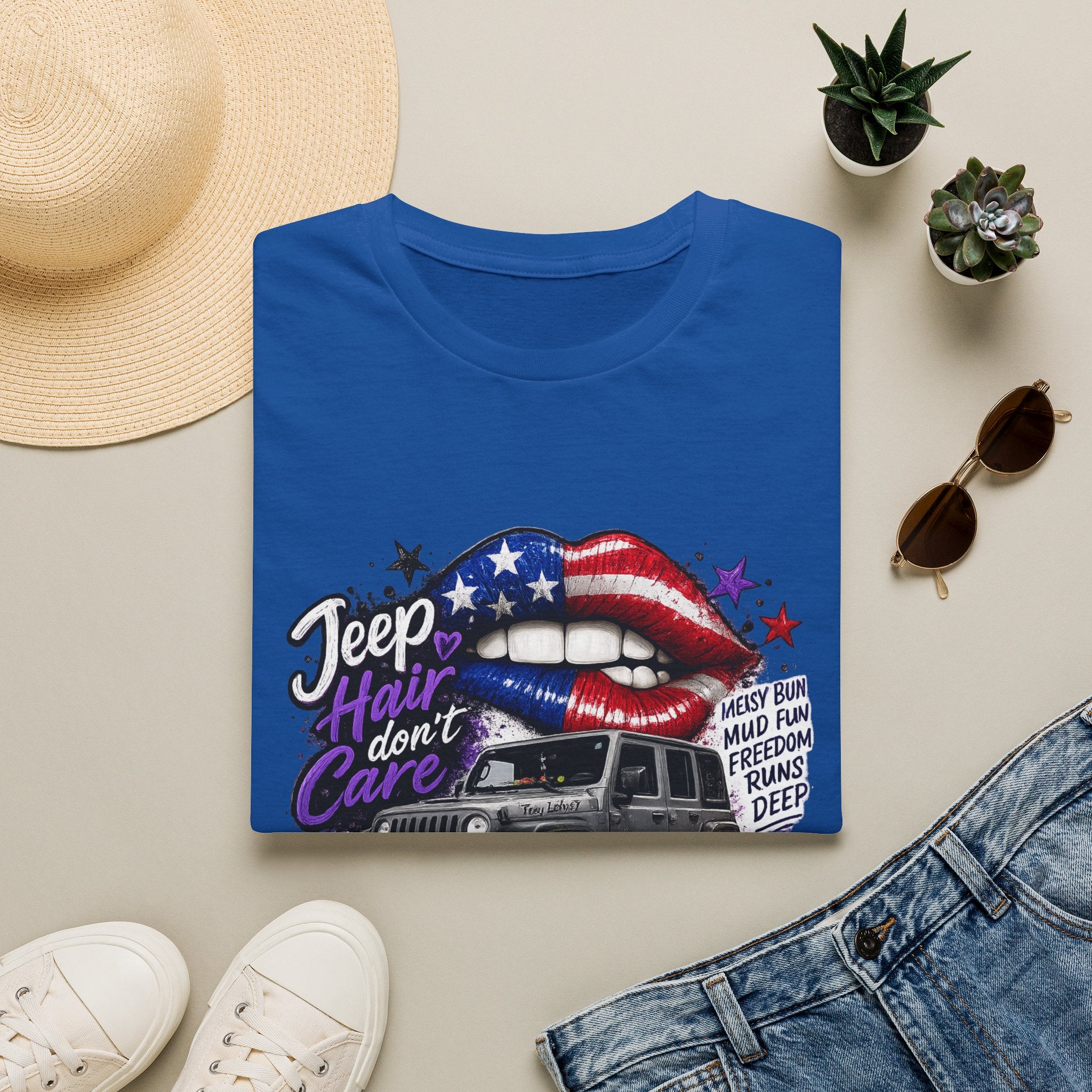 Jeep Hair Don't Care T-Shirt — American Flag Lips Off-Road Truck Tee