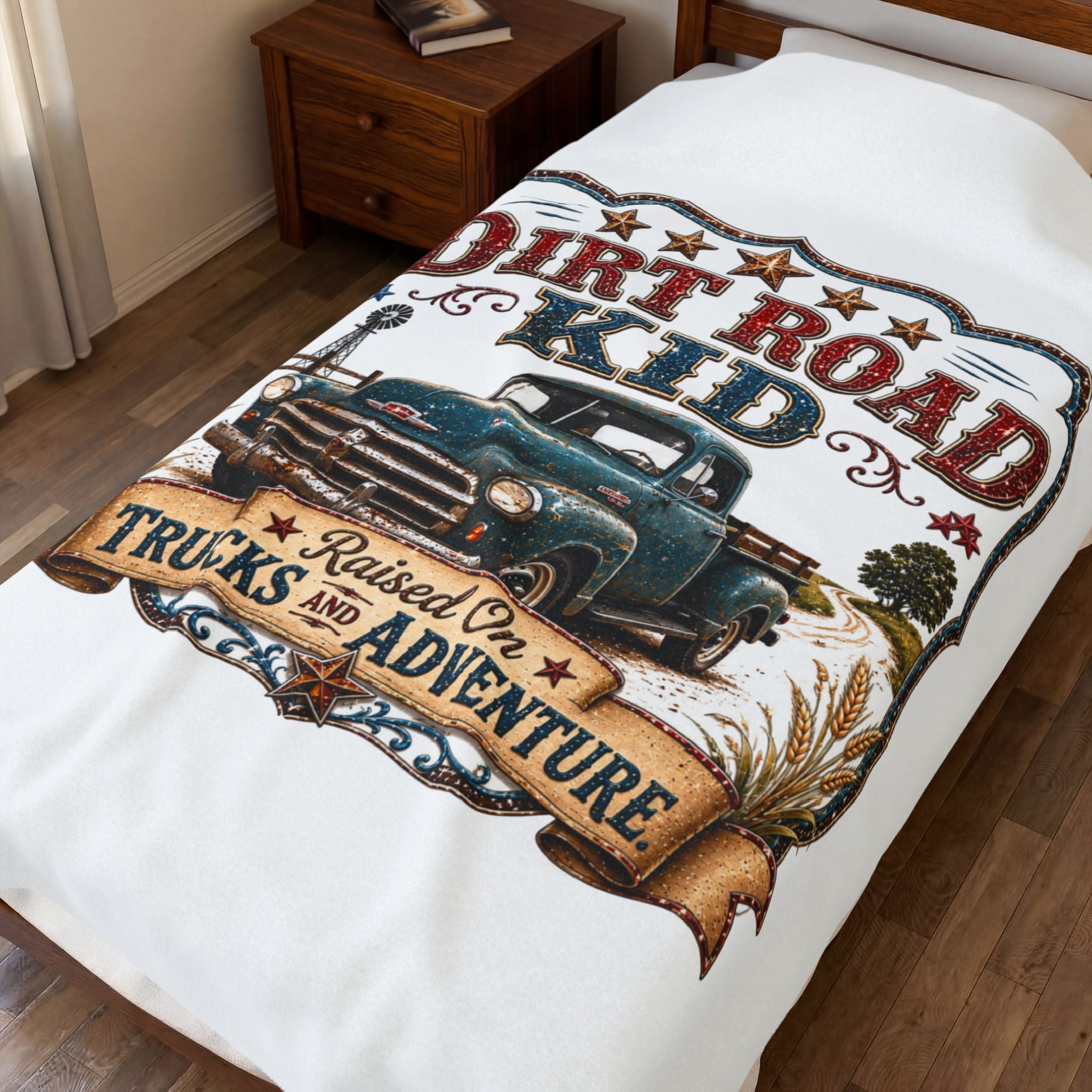 "Dirt Road Kid: Raised on Trucks & Adventure" Retro Truck Throw — Velveteen Blanket