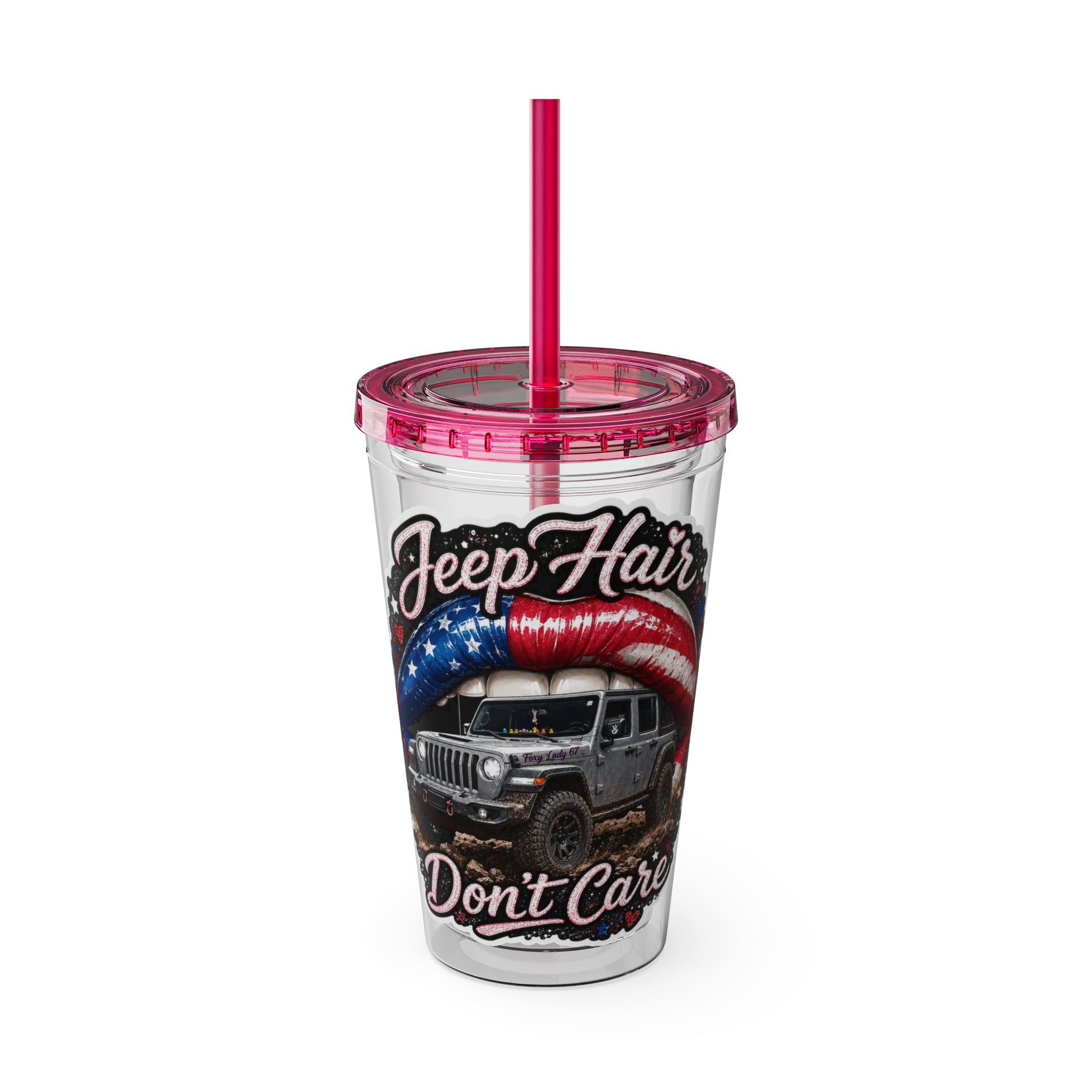 Jeep Hair Don't Care 16oz Tumbler with Straw — Patriotic Off-Road Truck Design