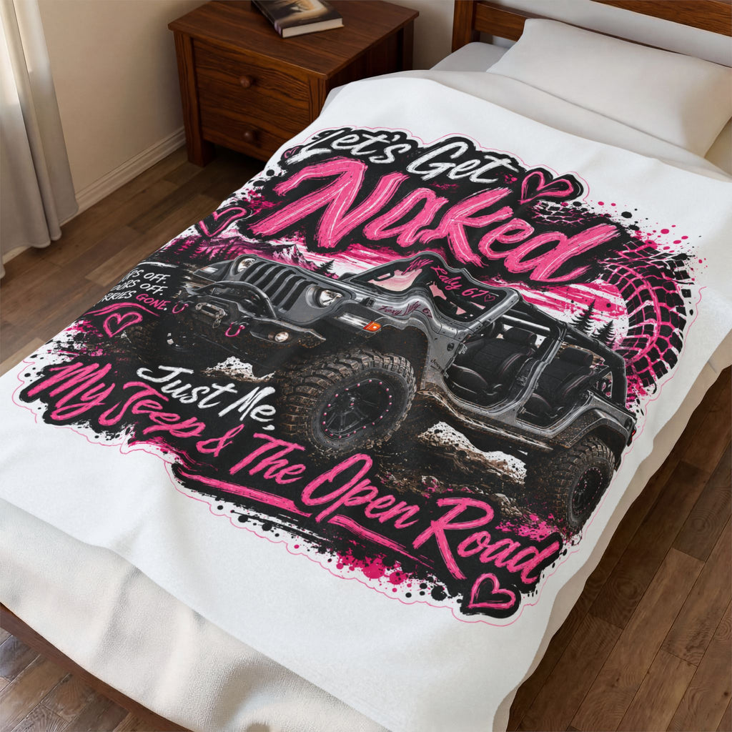 Let's Get Naked Jeep (Pink) Velveteen Plush Blanket