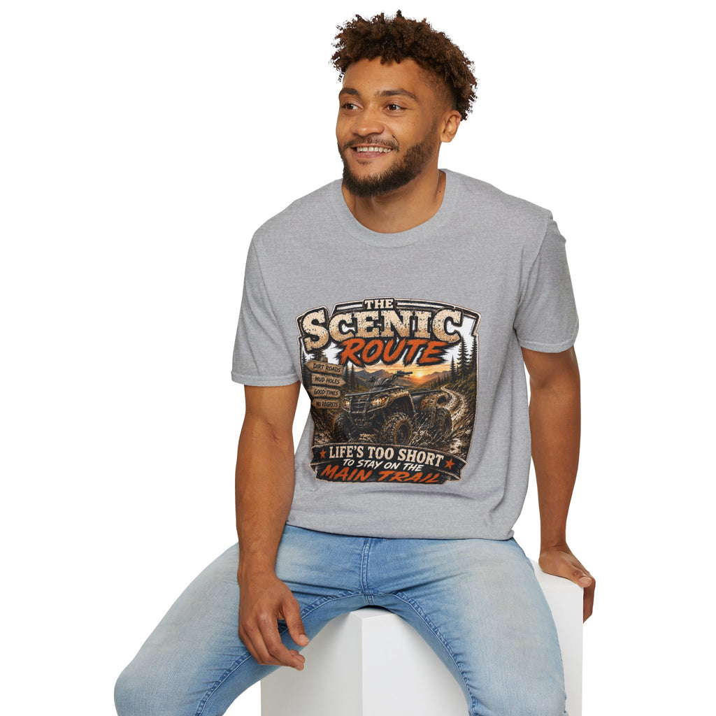 Scenic Route T-Shirt — 'Life’s Too Short to Stay on the Main Trail' Off‑Road Adventure Tee