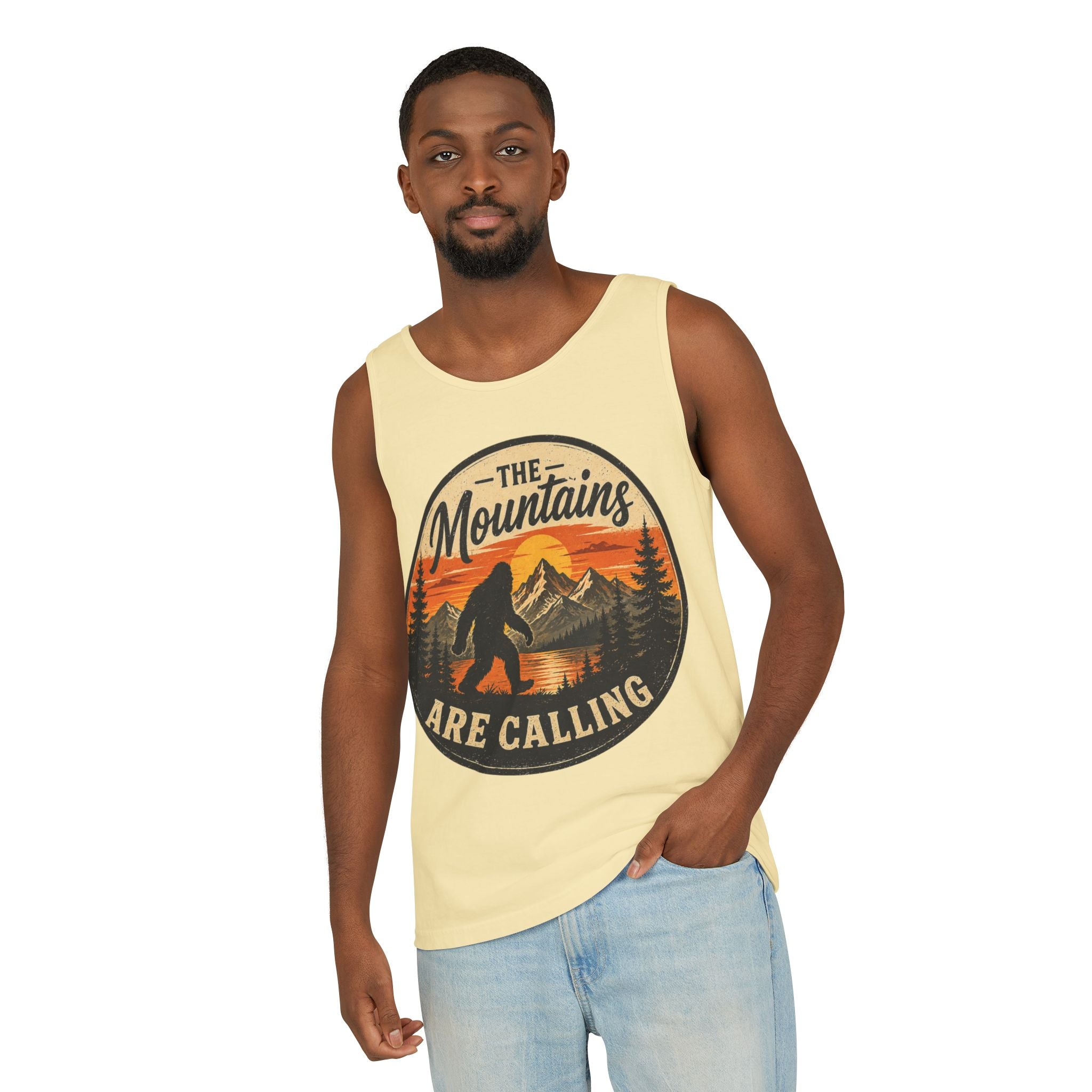 The Mountains Are Calling Tank Top — Vintage Bigfoot Hiking Graphic Tank