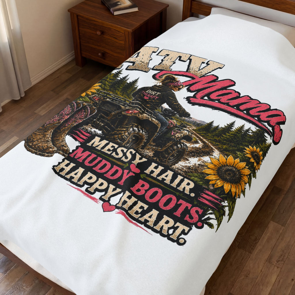 ATV Mama Messy Hair, Muddy Boots, Happy Heart Velveteen Plush Blanket