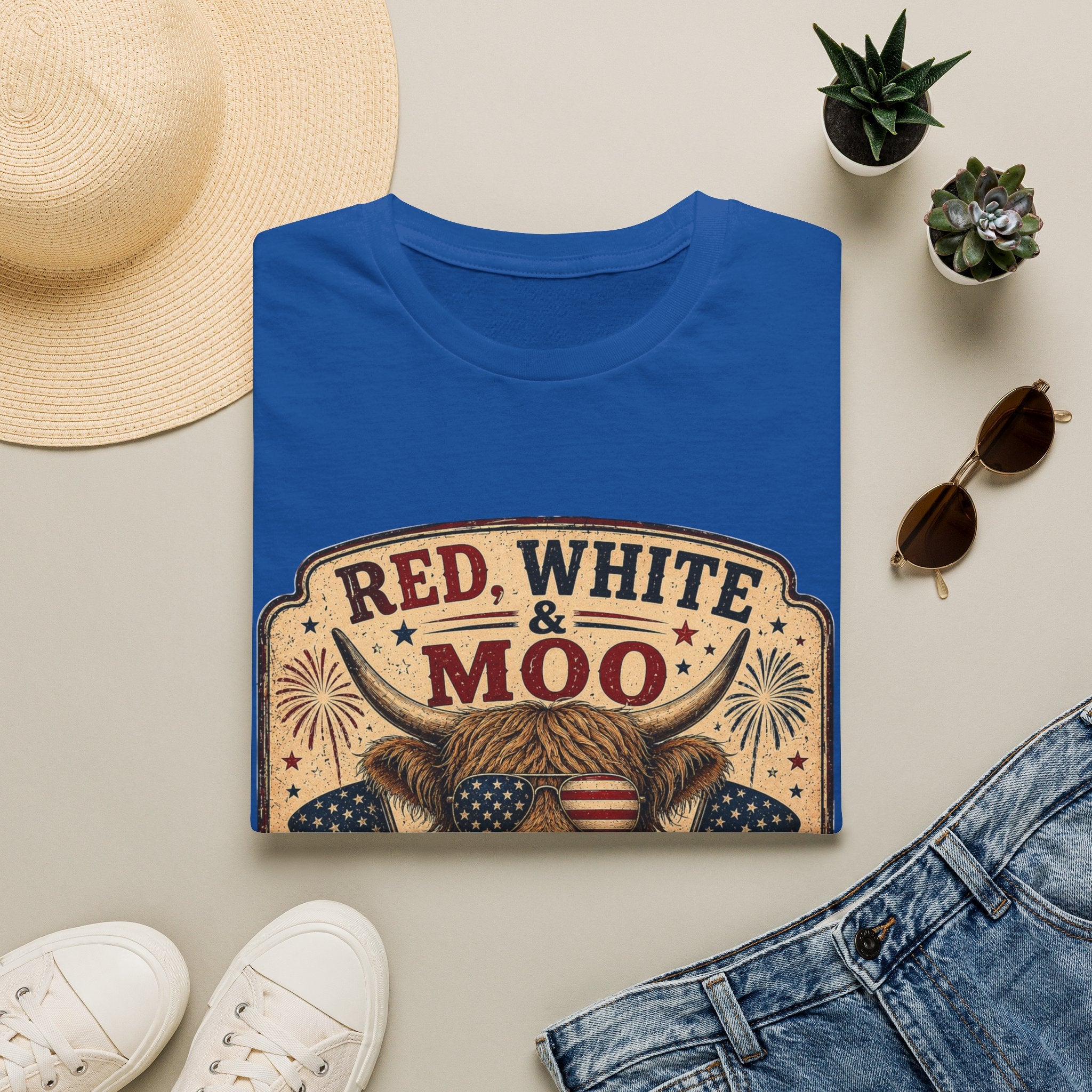 Red, White, & Moo Highland Cow Unisex Softstyle T-Shirt