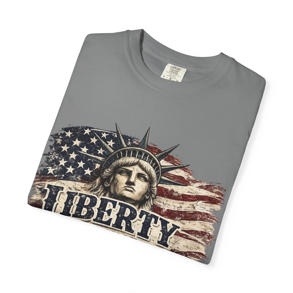 Liberty Runs Deep T-Shirt — Vintage Statue of Liberty & American Flag Graphic