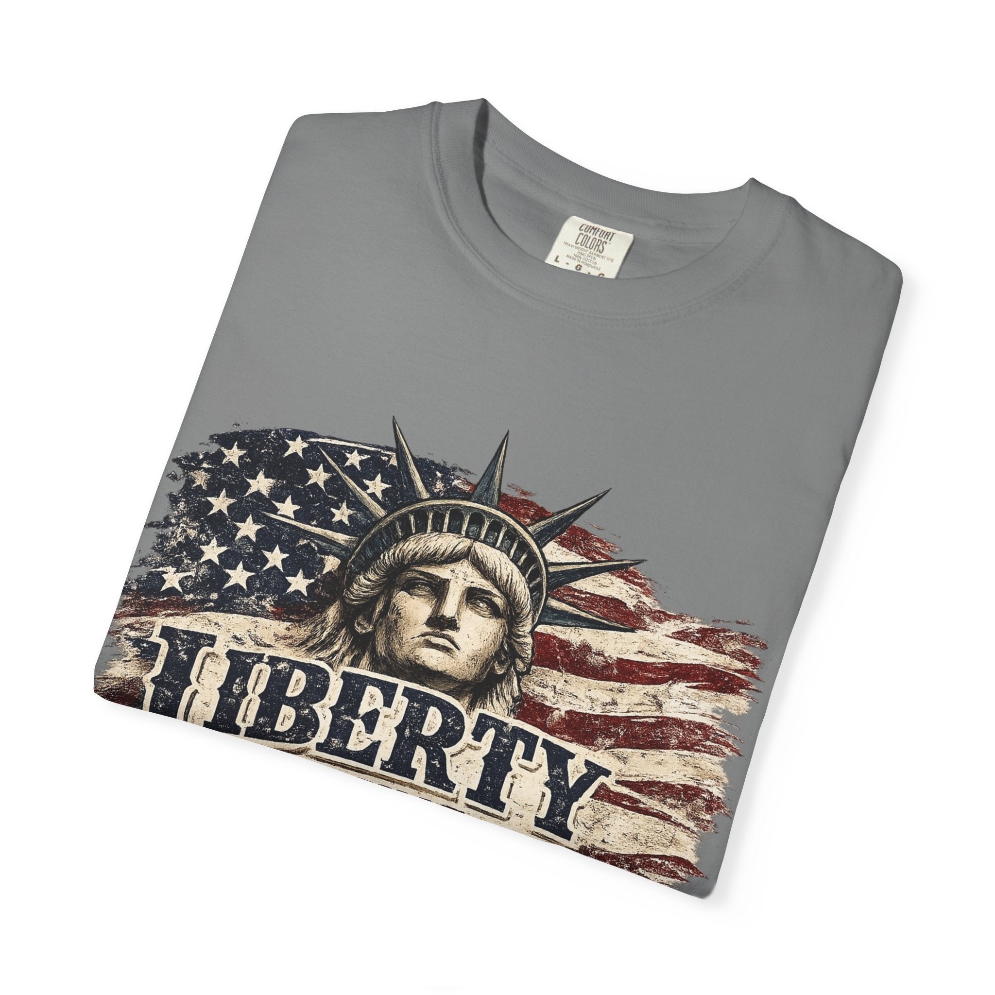 Liberty Runs Deep T-Shirt — Vintage Statue of Liberty & American Flag Graphic