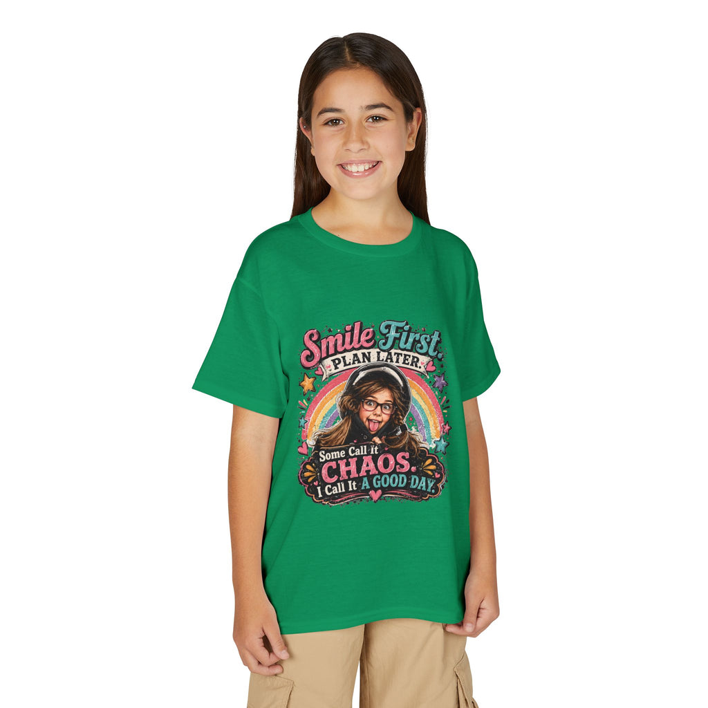 "Smile First, Plan Later" Funny Chaos Rainbow Kids Tee — Youth T-Shirt