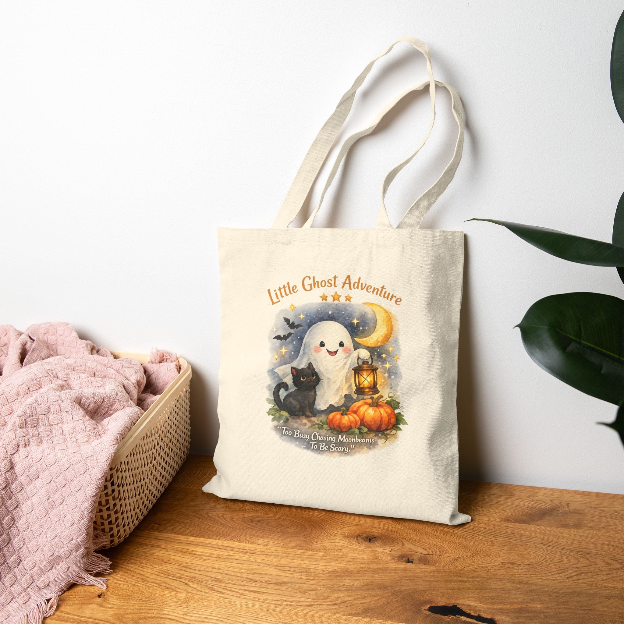 Halloween Ghost Tote Bag — "Little Ghost Adventure" Cotton Canvas Trick-or-Treat Bag