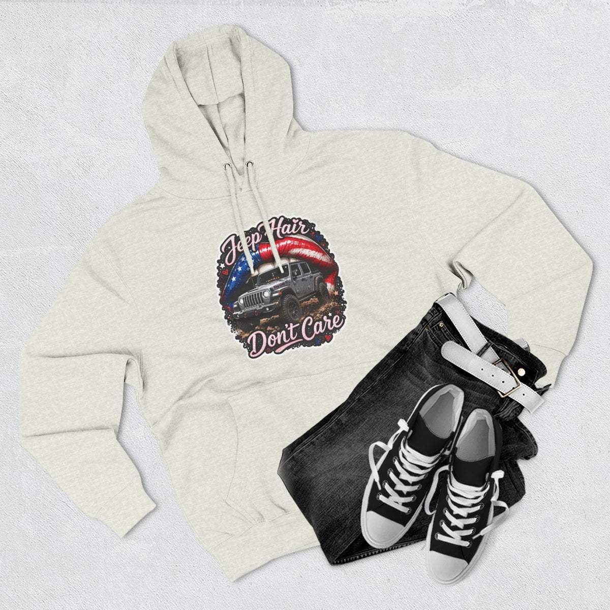 "Jeep Hair Don't Care" Graphic Fleece Pullover - Patriotic Jeep Hoodie