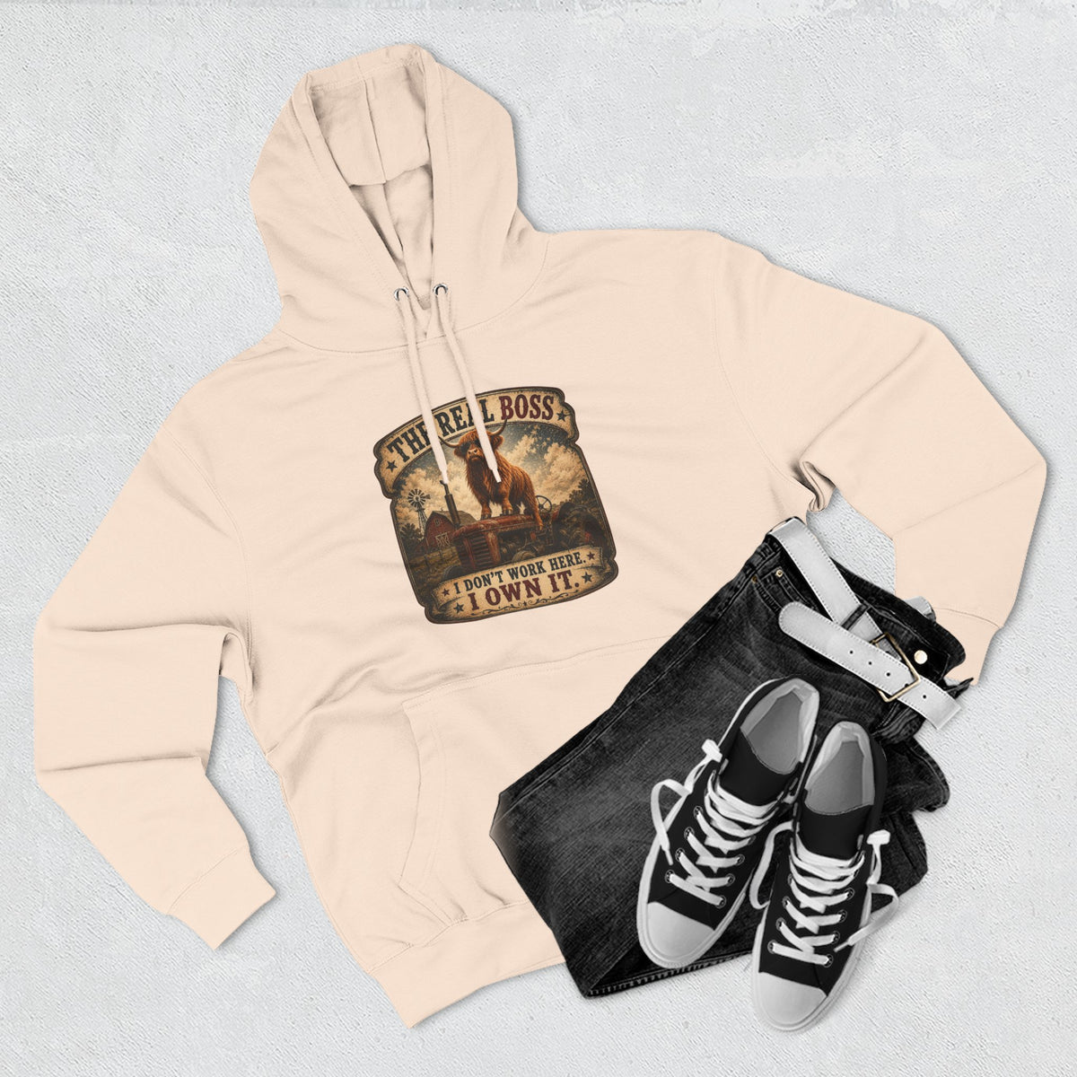 The Real Boss Highland Cow Three-Panel Fleece Hoodie