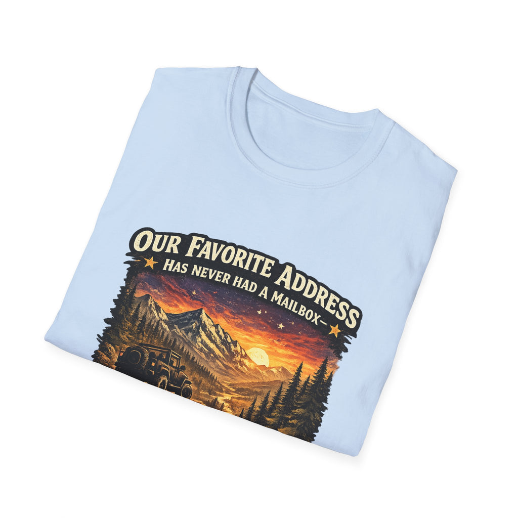 "Our Favorite Address Has Never Had a Mailbox" Scenic Mountain Camping Tee — T-Shirt