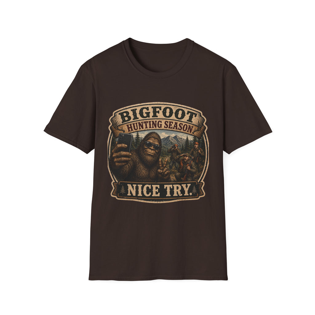 Bigfoot Hunting Season T-Shirt — 'Nice Try' Funny Sasquatch Tee