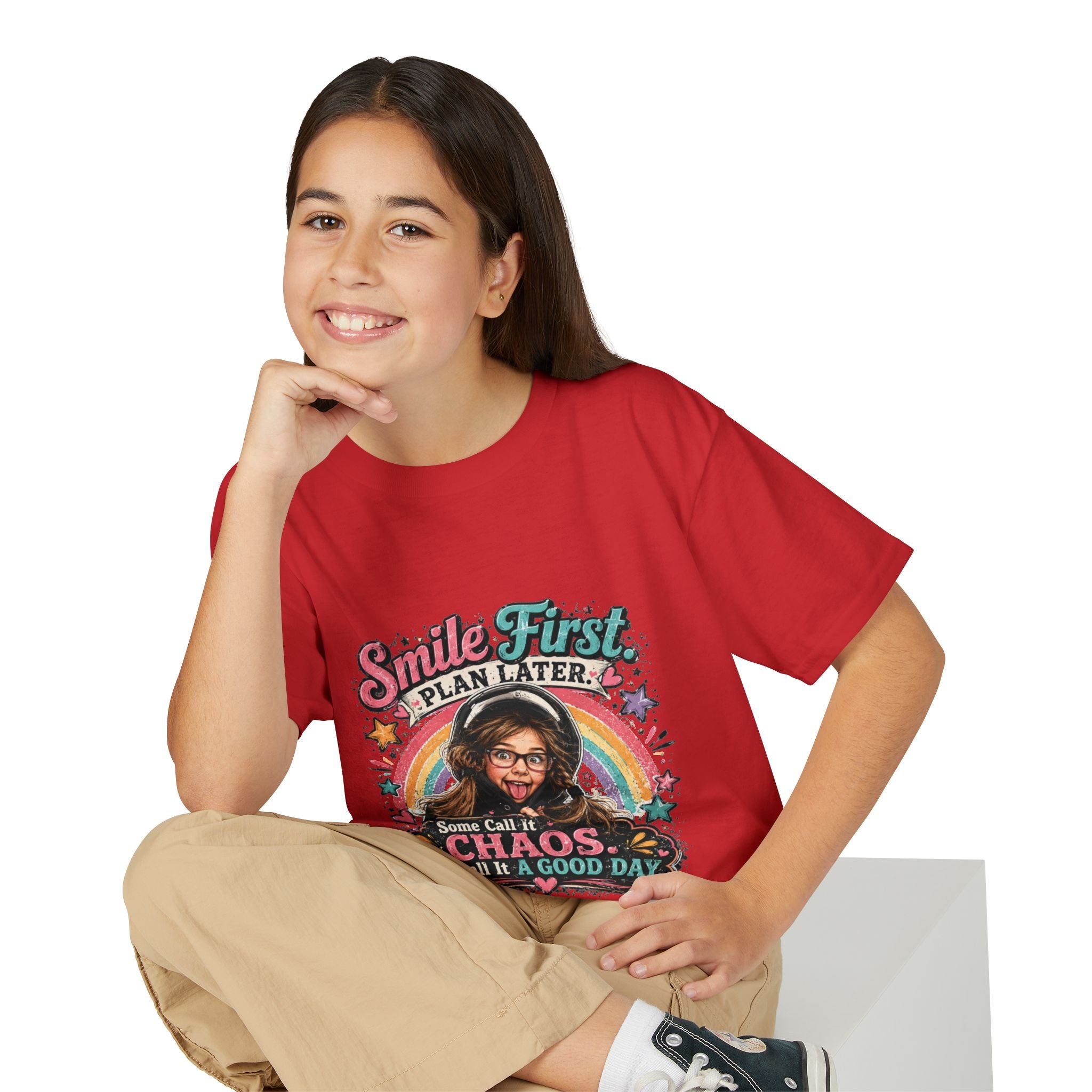 "Smile First, Plan Later" Funny Chaos Rainbow Kids Tee — Youth T-Shirt