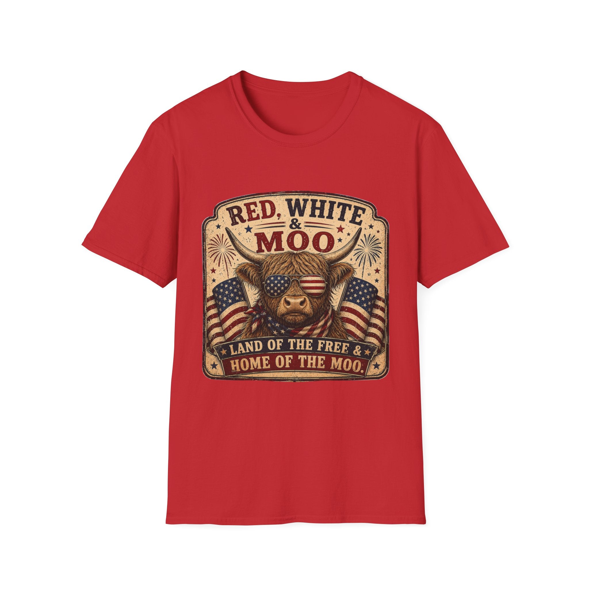 Red, White, & Moo Highland Cow Unisex Softstyle T-Shirt
