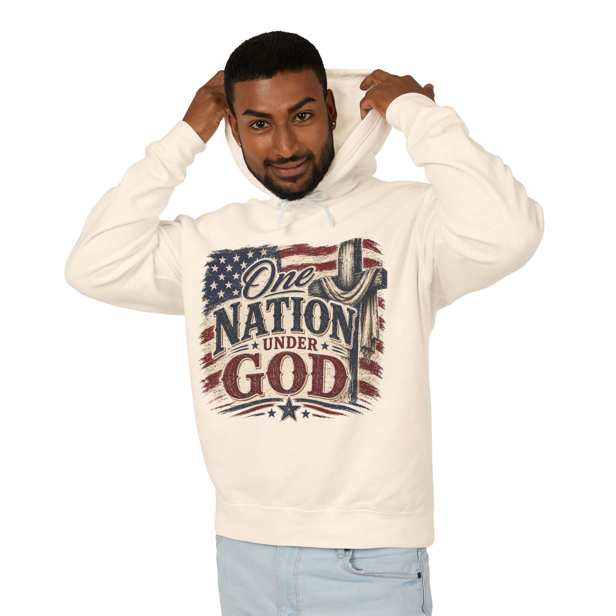 One Nation Under God Hoodie — Patriotic American Flag Cross Sweatshirt