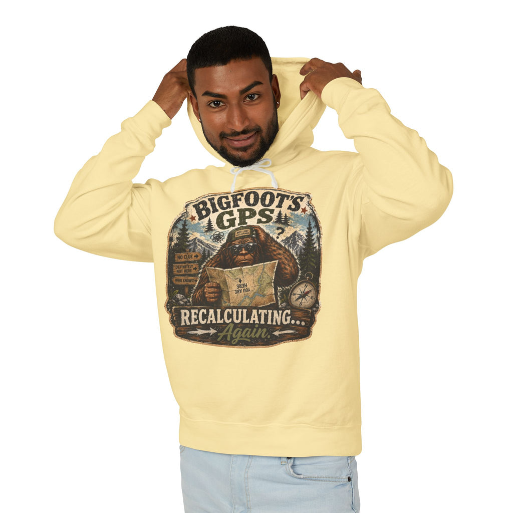 Bigfoot's GPS Relocating Again Hooded Sweatshirt