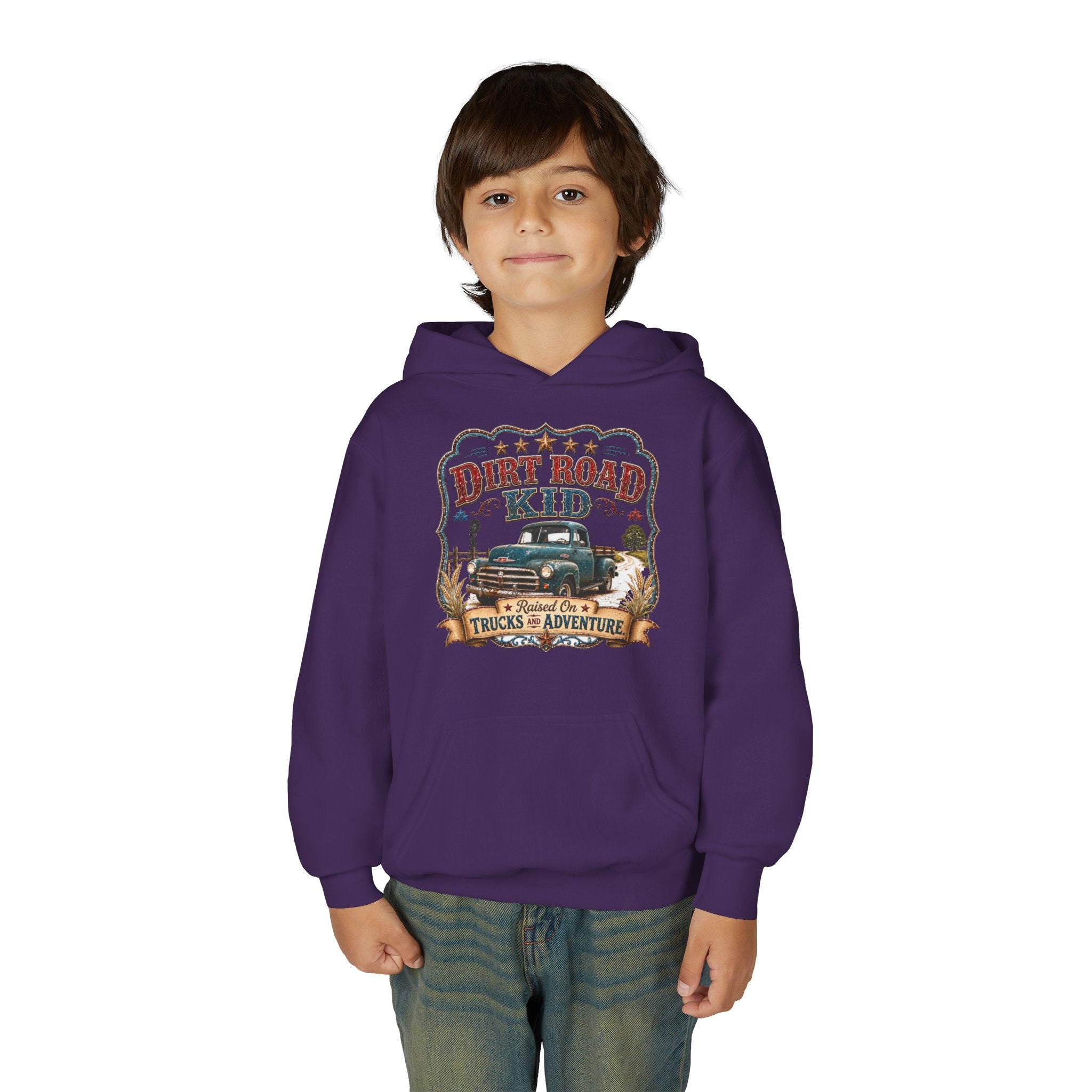 Youth Hoodie — “Dirt Road Kid” Vintage Truck Adventure Sweatshirt