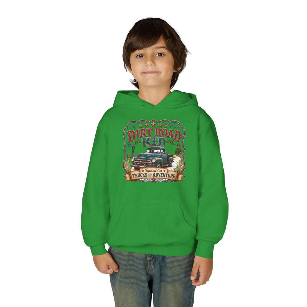 Youth Hoodie — “Dirt Road Kid” Vintage Truck Adventure Sweatshirt