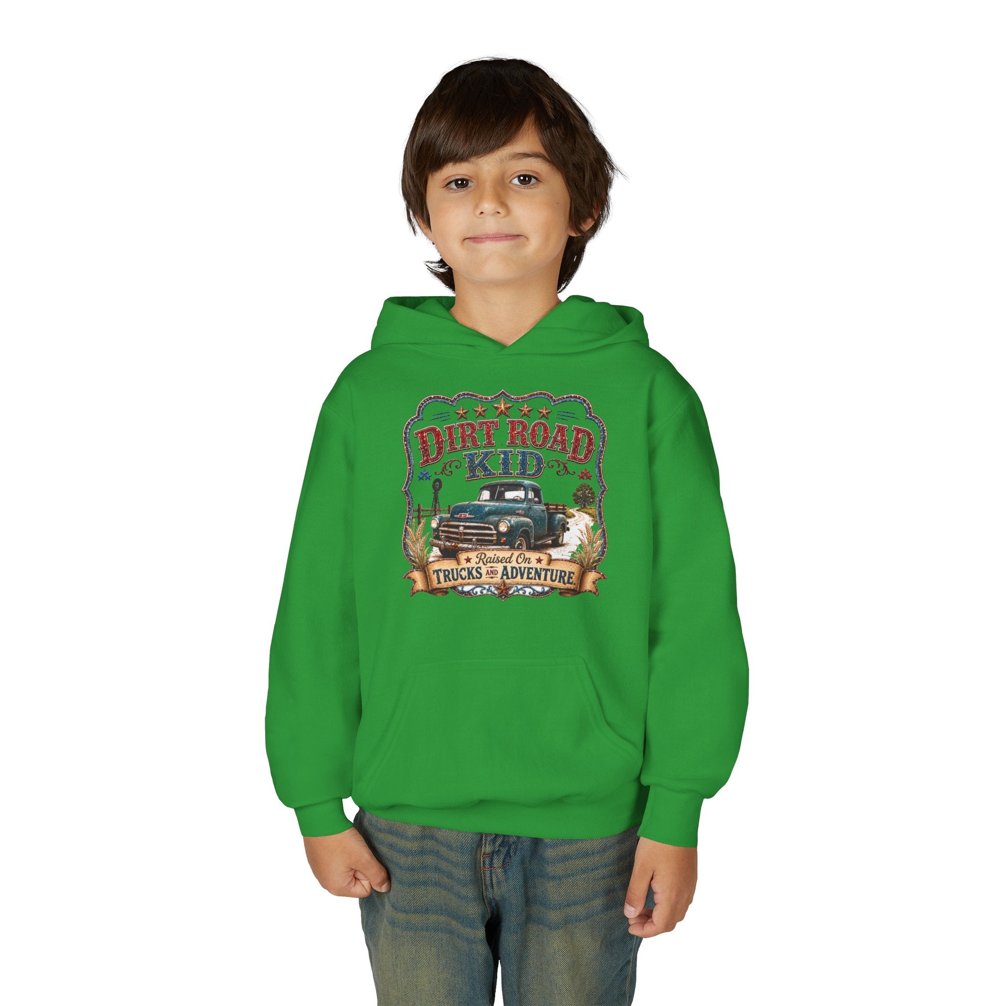 Youth Hoodie — “Dirt Road Kid” Vintage Truck Adventure Sweatshirt