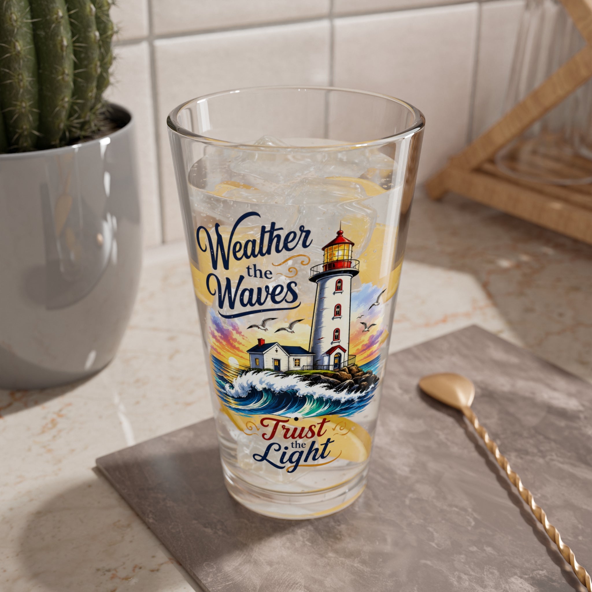 'Weather the Waves, Trust the Light' Coastal Cocktail Glass – Lighthouse Mixing Glass 16oz