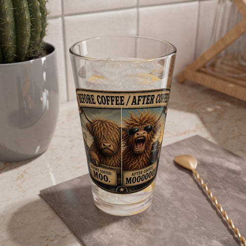 "Before Coffee / After Coffee" Cow Illustration Funny — 16oz Mixing Glass