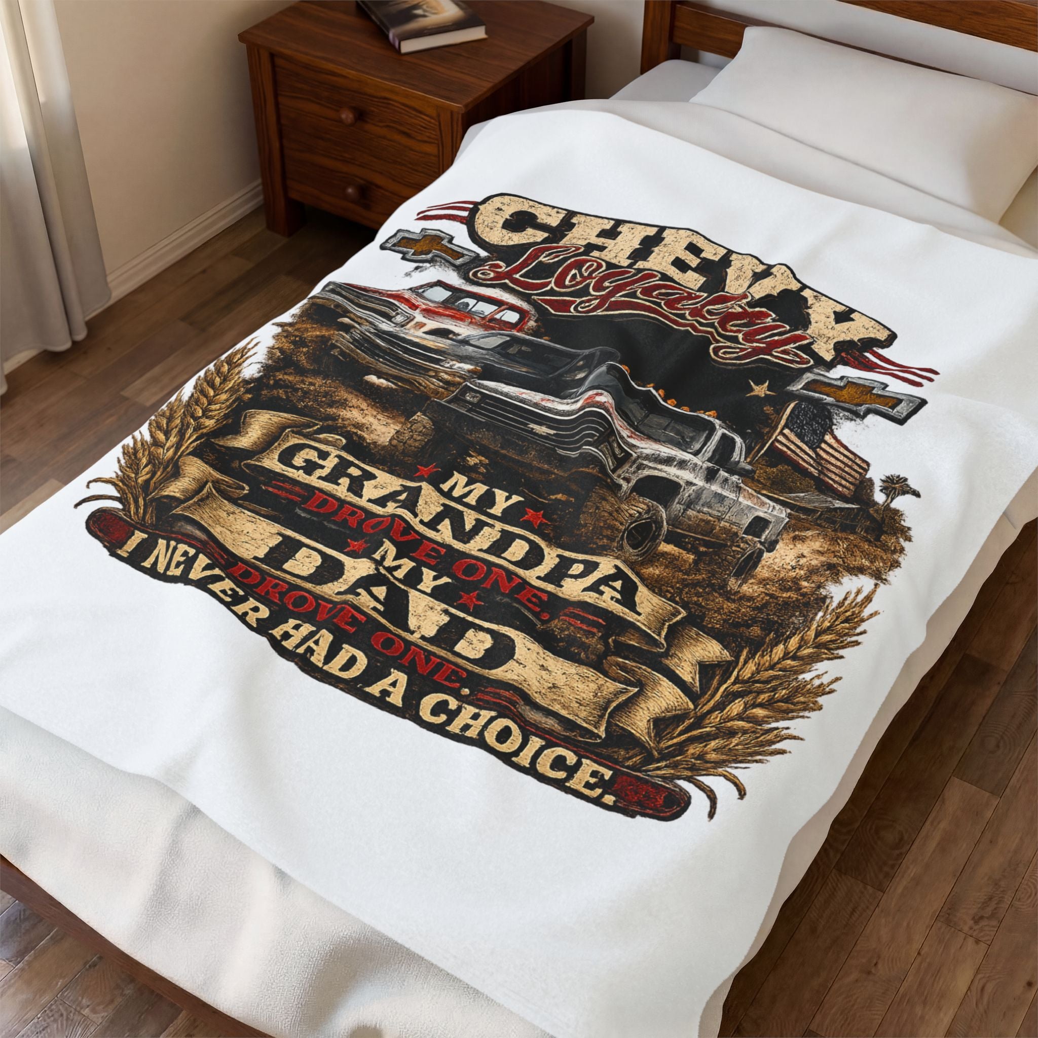 Chevy Loyalty Velveteen Plush Blanket — "My Grandpa Drove One, My Dad Drove One, I Never Had a Choice" Truck Throw