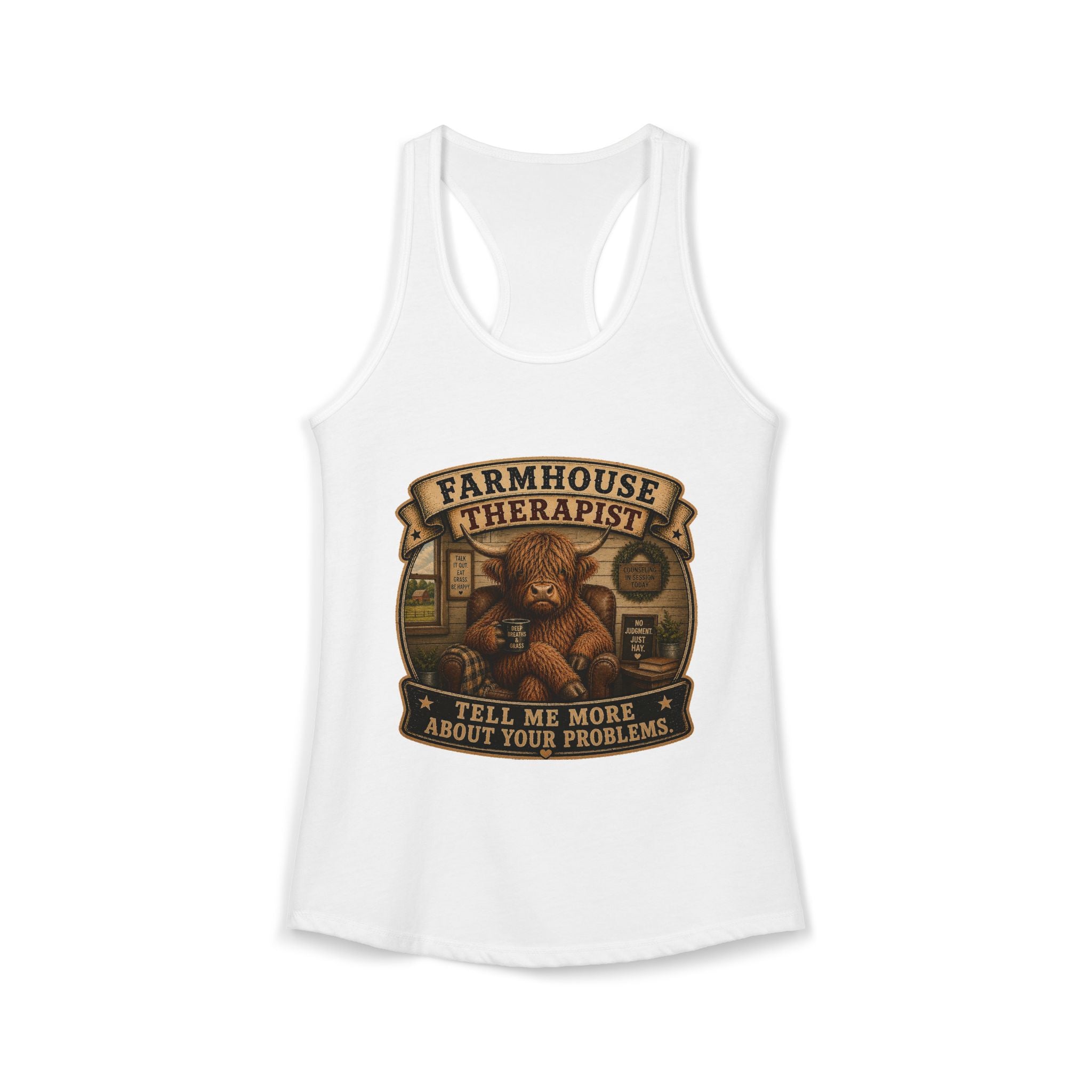 Farmhouse Therapist Highland Cow Women's Ideal Racerback Tank