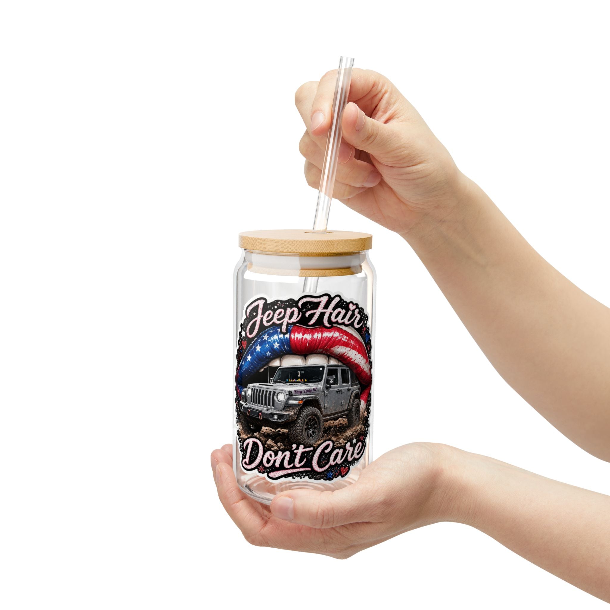 Jeep Hair Don’t Care 16oz Sipper Glass – Patriotic Off-Road Travel Tumbler
