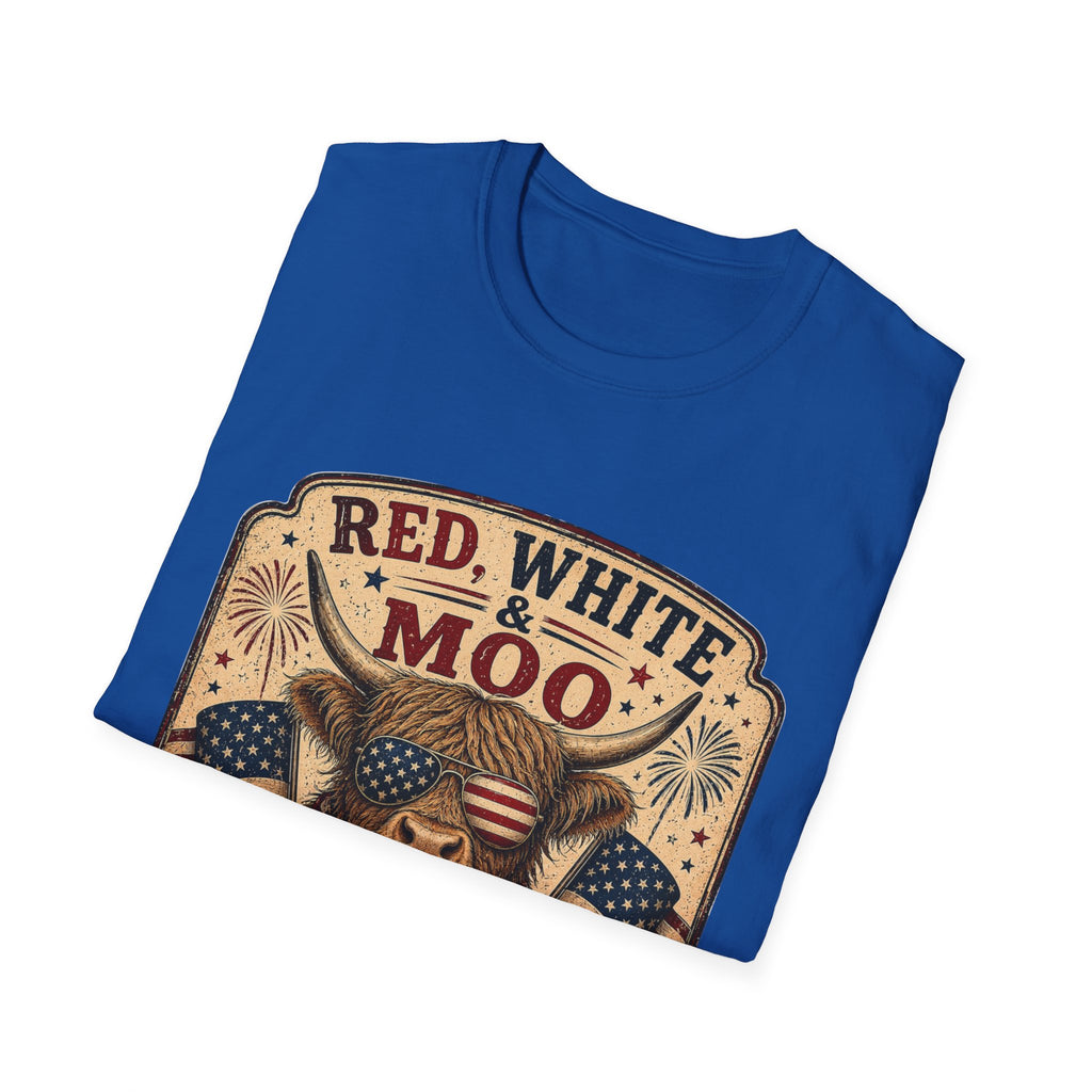 Red, White, & Moo Highland Cow Unisex Softstyle T-Shirt