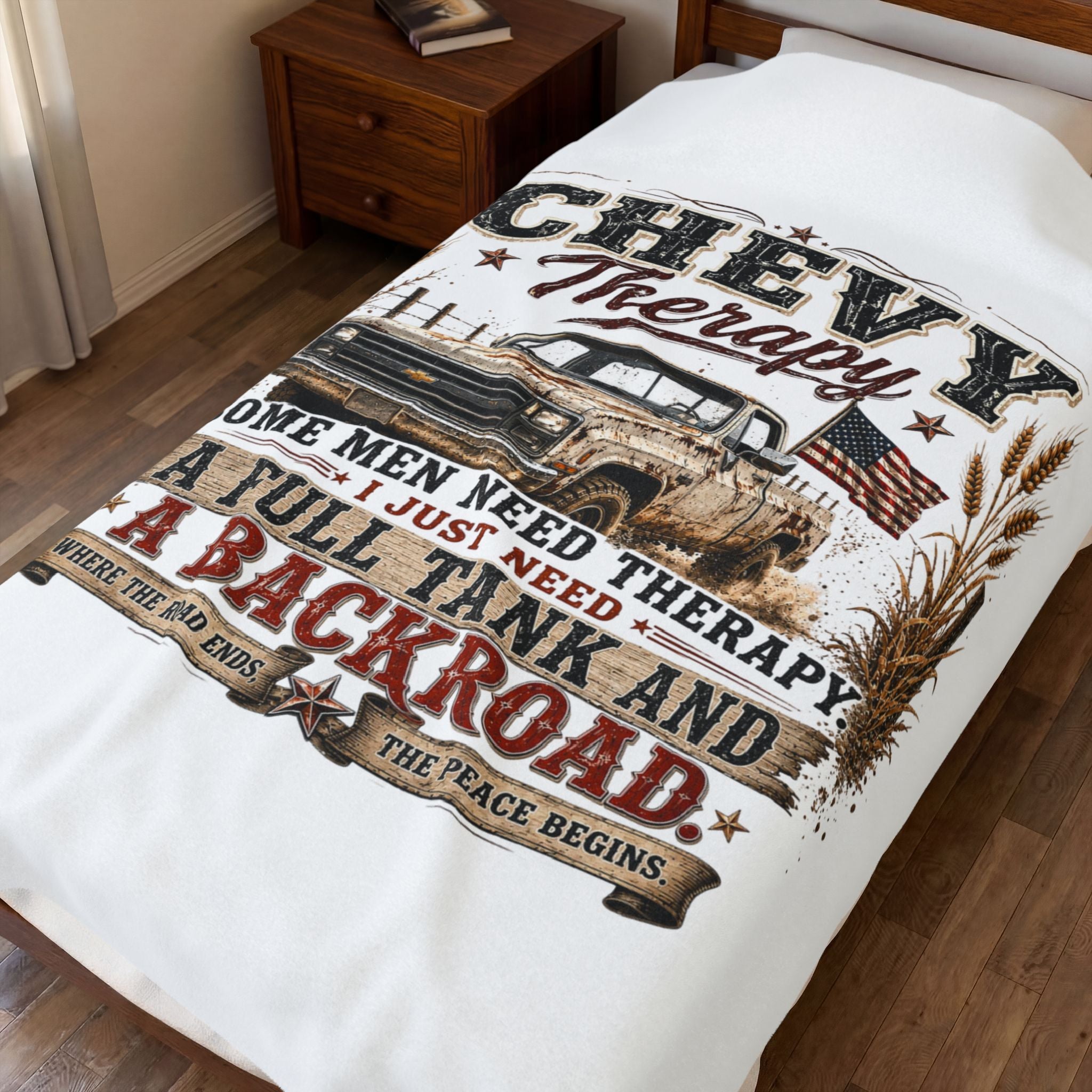 Chevy Therapy Velveteen Plush Blanket — 'Some Men Need Therapy I Just Need a Full Tank and a Backroad' Cozy Truck Lover Throw