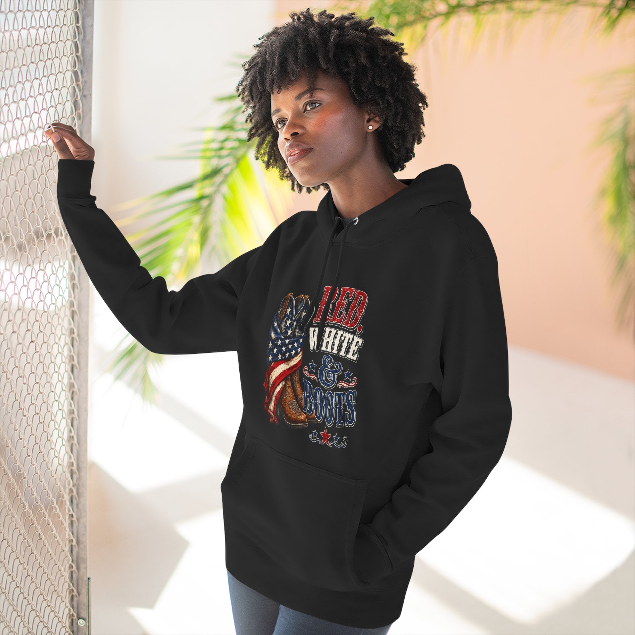 Patriotic 'Red White & Boots' Hoodie — American Flag Cowboy Boots Pullover