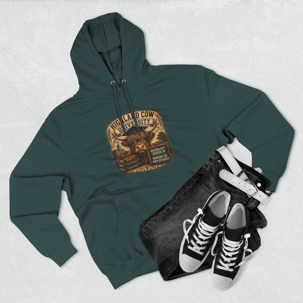 Highland Cow University Three-Panel Fleece Hoodie