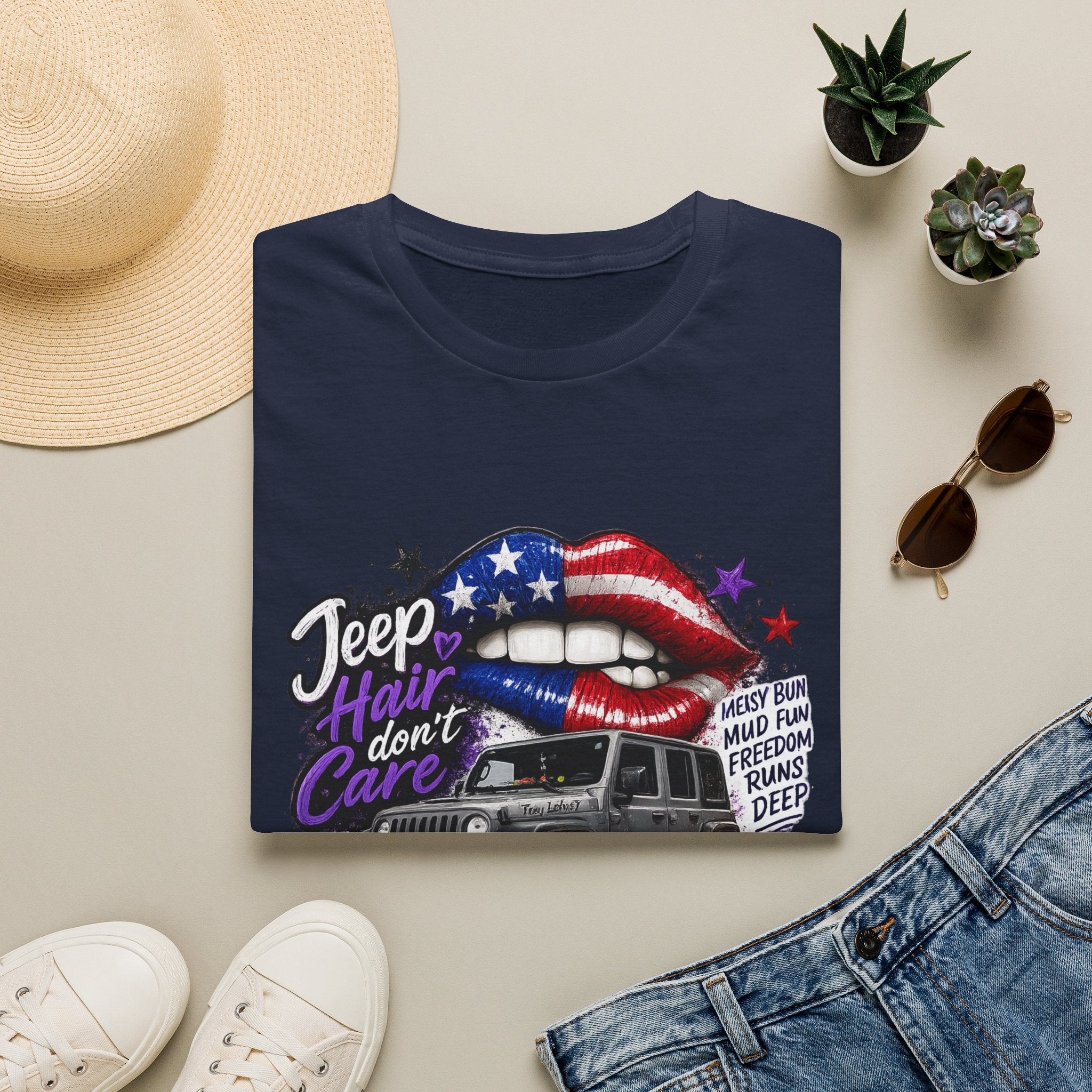 Jeep Hair Don't Care T-Shirt — American Flag Lips Off-Road Truck Tee