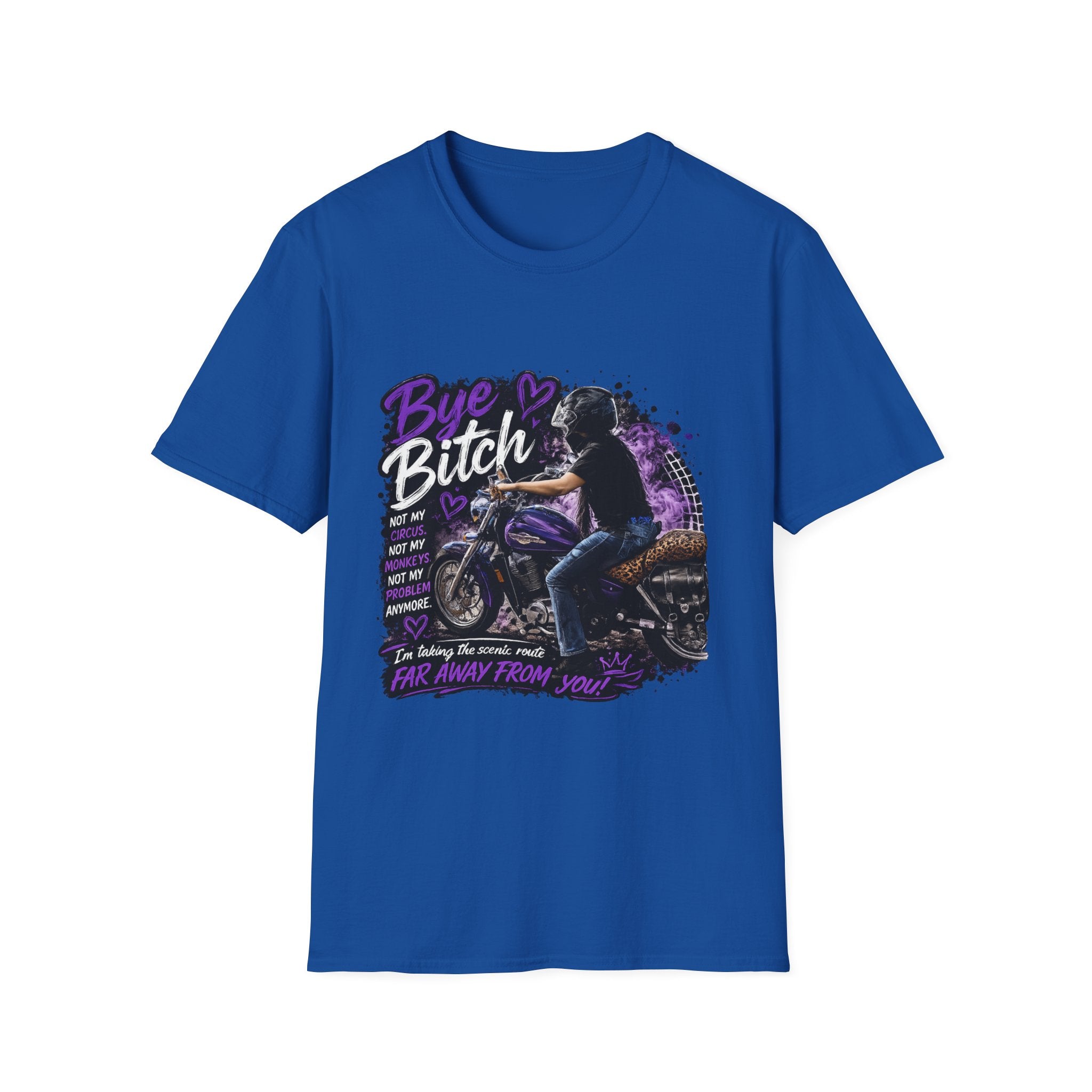 "Bue Bitch" Purple Motorcycle Design – Biker Babe Graphic T‑Shirt