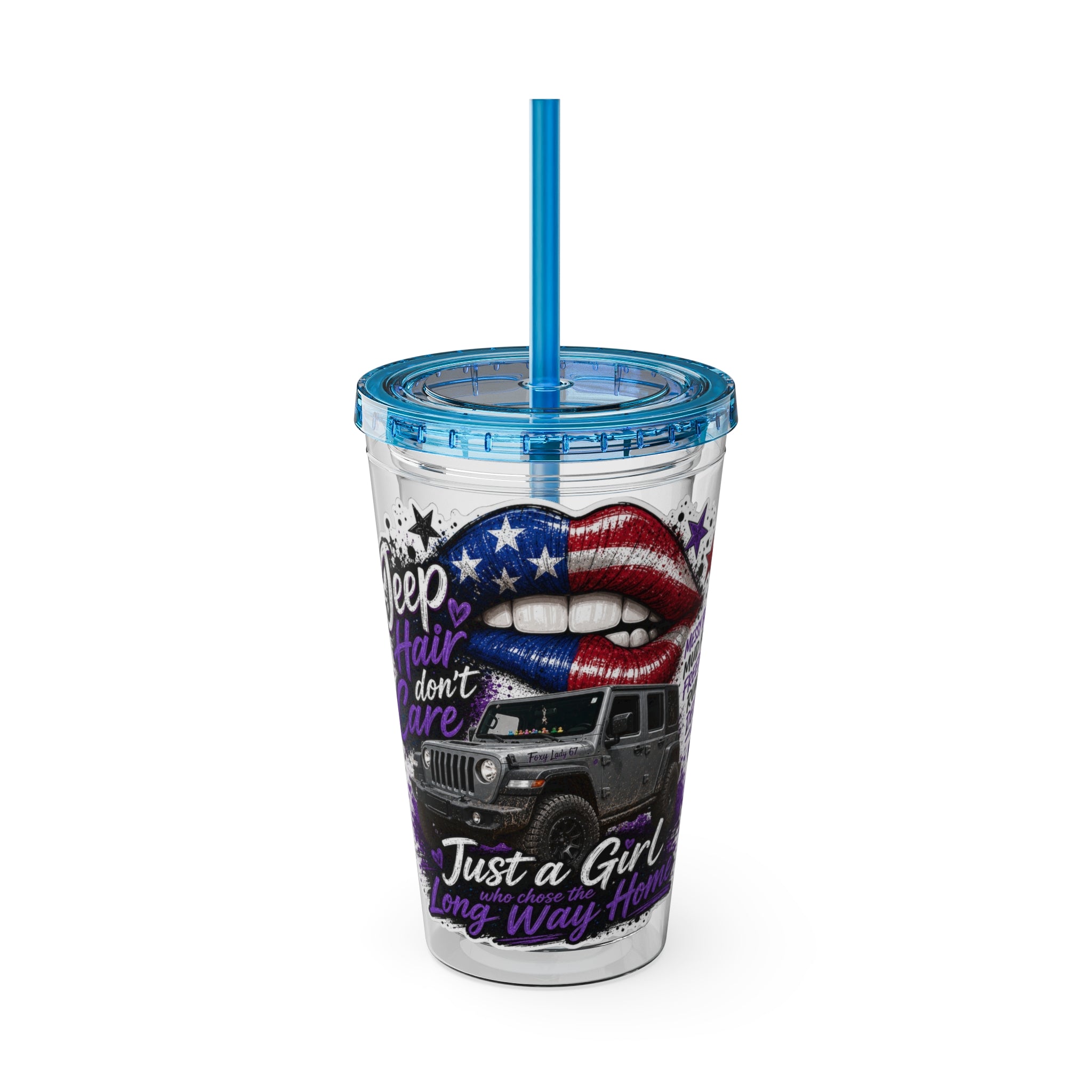 "Jeep Hair Don't Care" Patriotic Lips Design — 16oz Sunsplash Tumbler with Straw