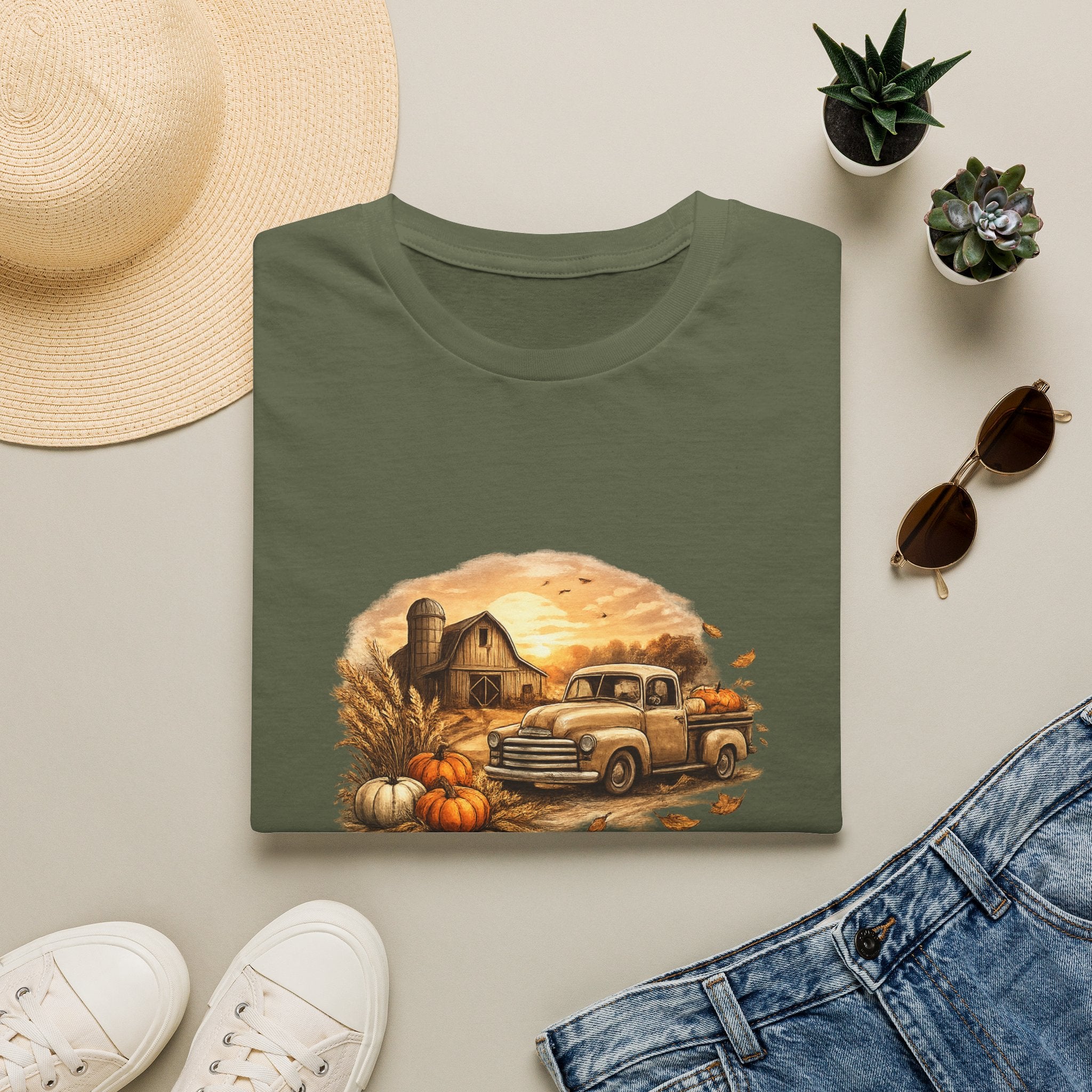 'Sunsets, Sweaters, and Dirt Roads' Vintage Autumn Tee — Fall Farm Truck T‑Shirt