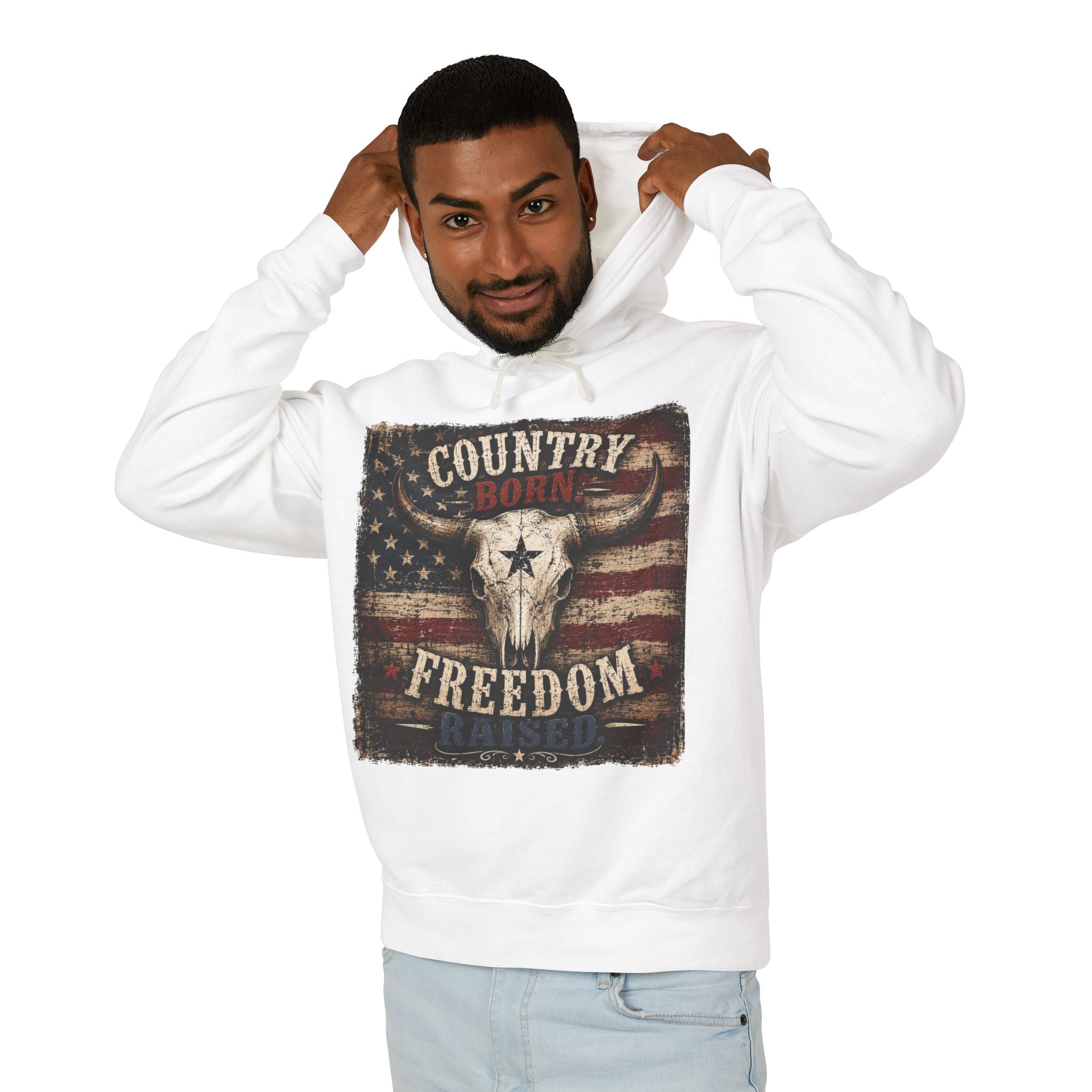 Country Born Raised Freedom Hoodie — American Flag Bull Skull Graphic Hooded Sweatshirt