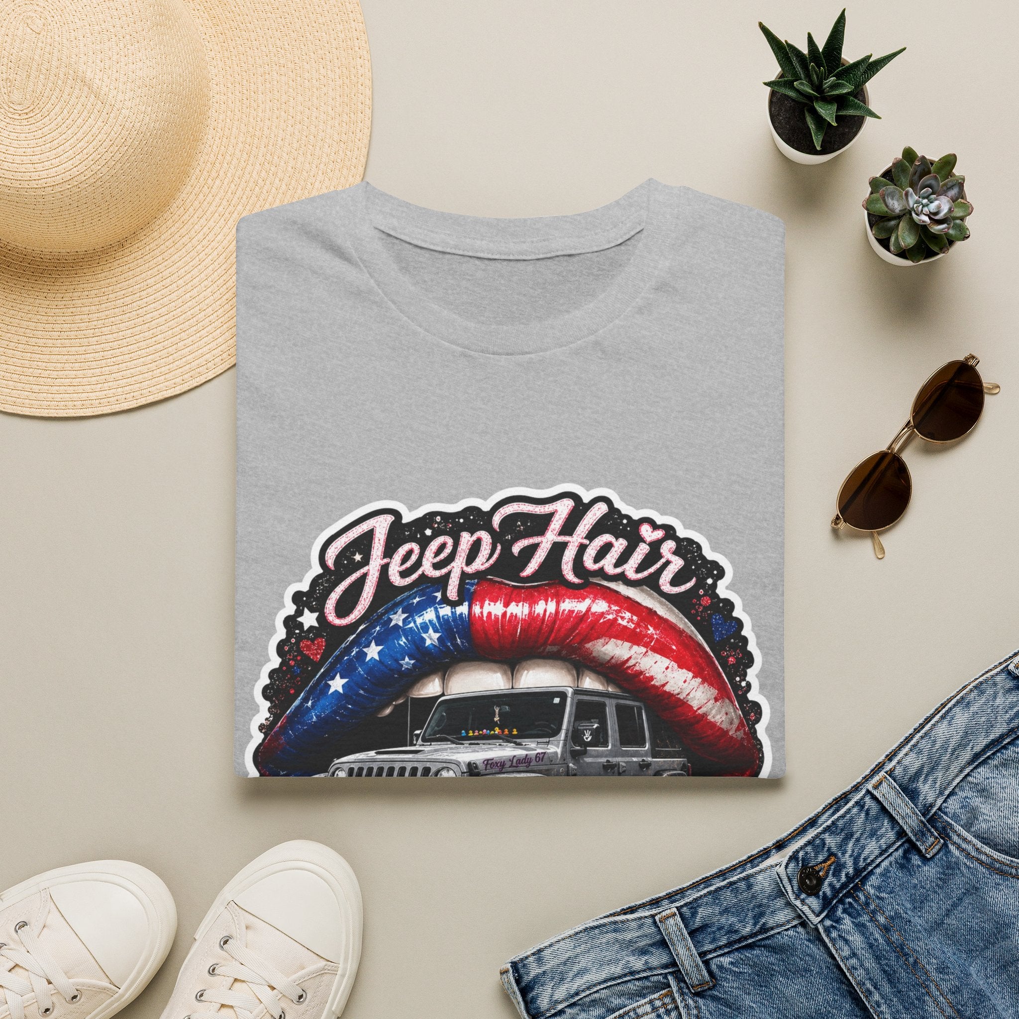 Jeep Hair Don't Care T-Shirt — American Flag Lips Off‑Road Graphic Tee