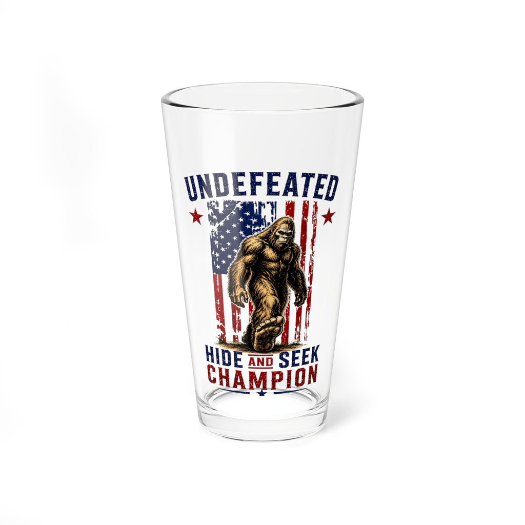 "Undefeated Hide and Seek Champion" Bigfoot Pint Glass — Mixing Glass