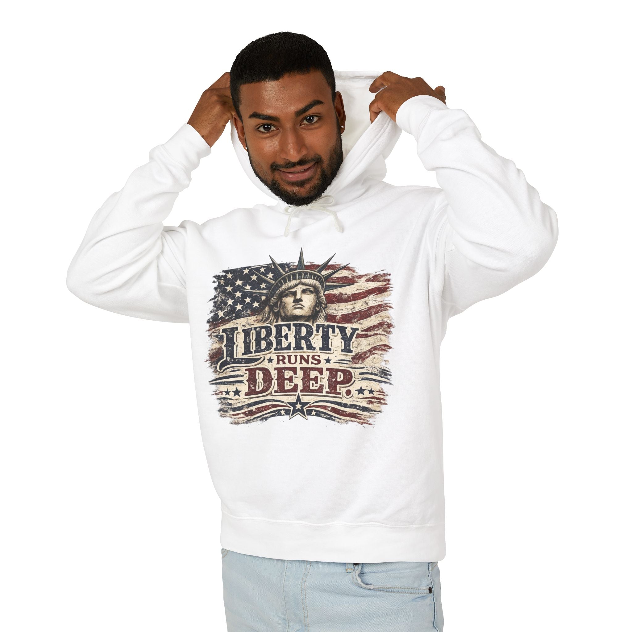 Liberty Runs Deep Hoodie — Patriotic Statue of Liberty Flag Sweatshirt