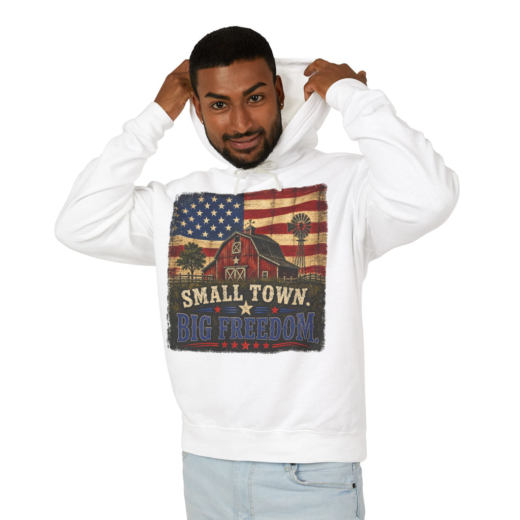 Small Town Big Freedom Hoodie — Vintage American Flag Barn Patriotic Pullover