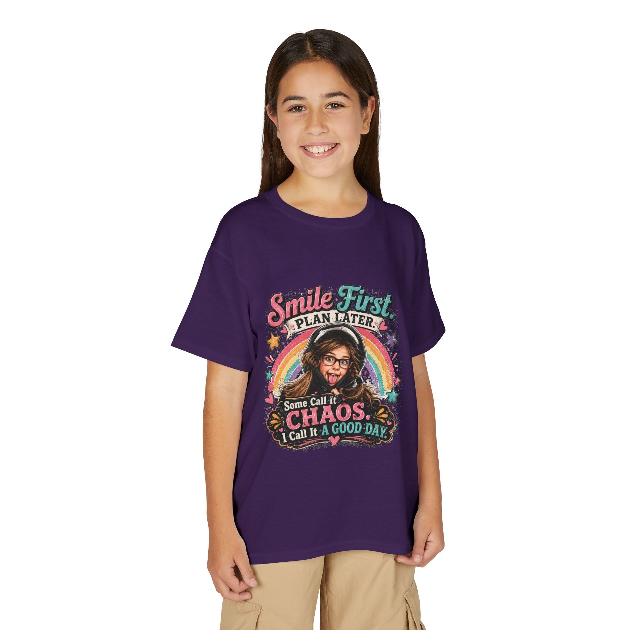 "Smile First, Plan Later" Funny Chaos Rainbow Kids Tee — Youth T-Shirt