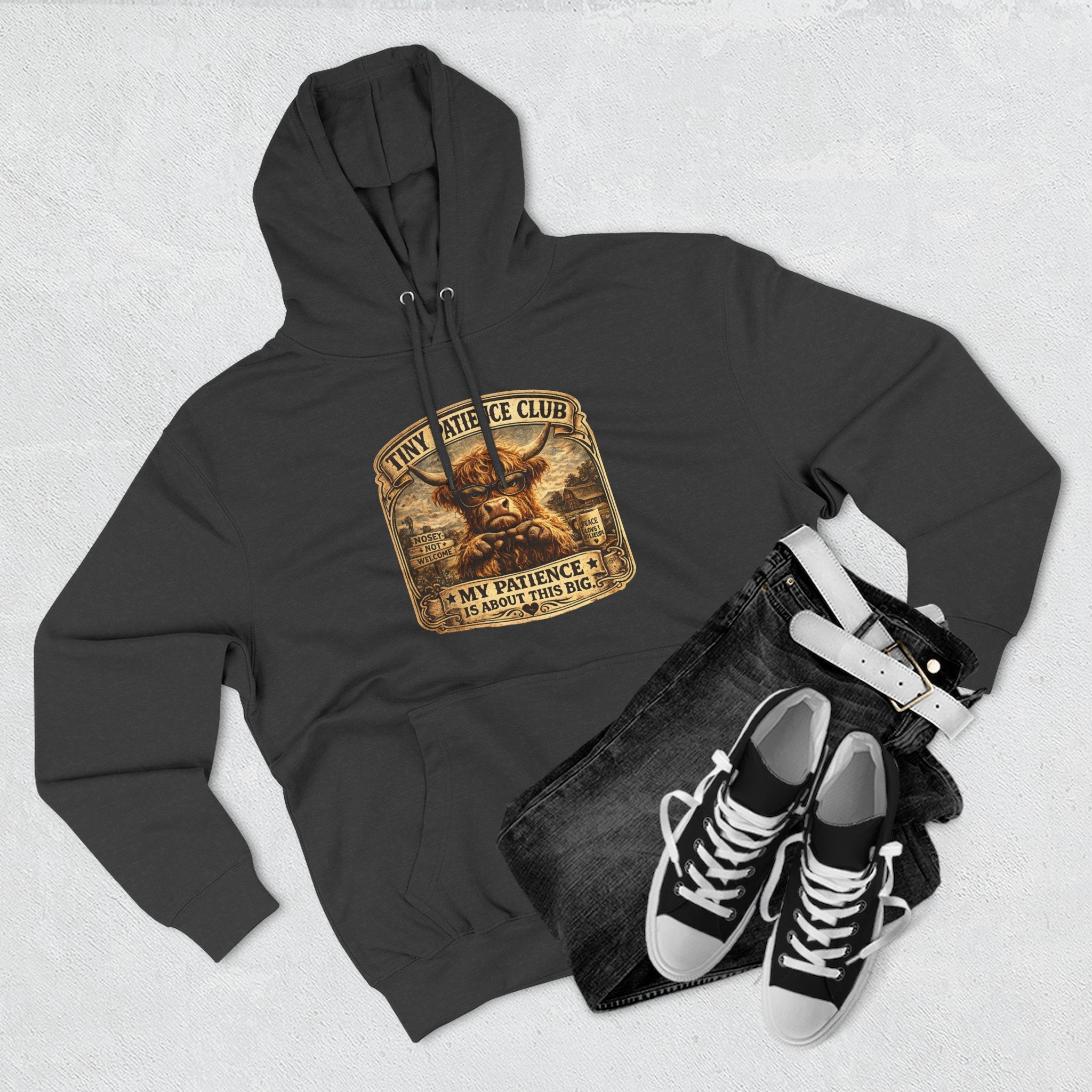 Tiny Patience Club Highland Cow Three-Panel Fleece Hoodie