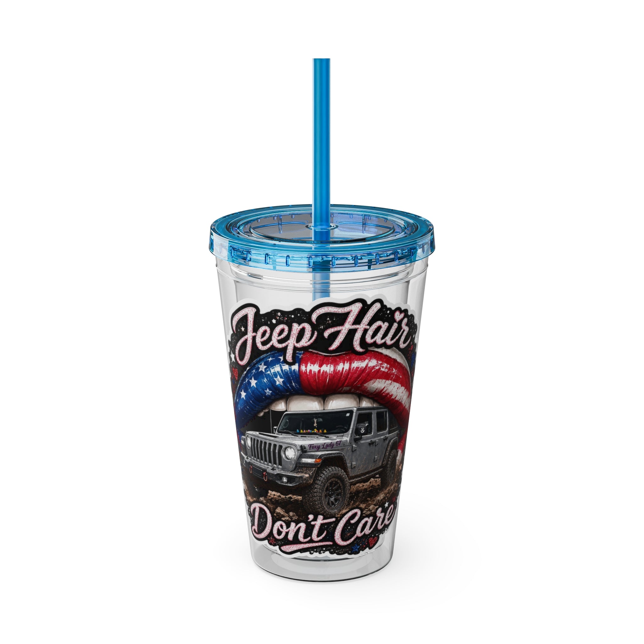 Jeep Hair Don't Care 16oz Tumbler with Straw — Patriotic Off-Road Truck Design