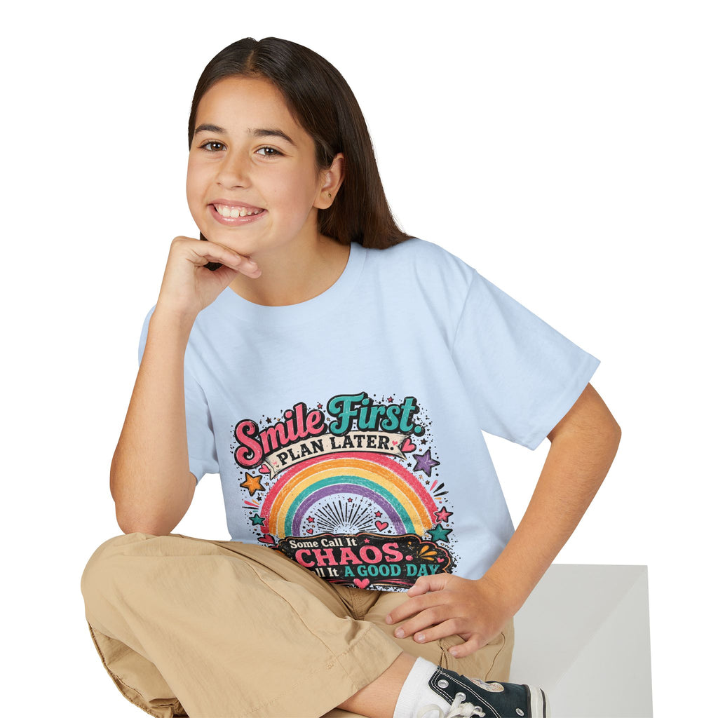 "Smile First, Plan Later" Rainbow Chaos Graphic Tee - Youth T-Shirt —