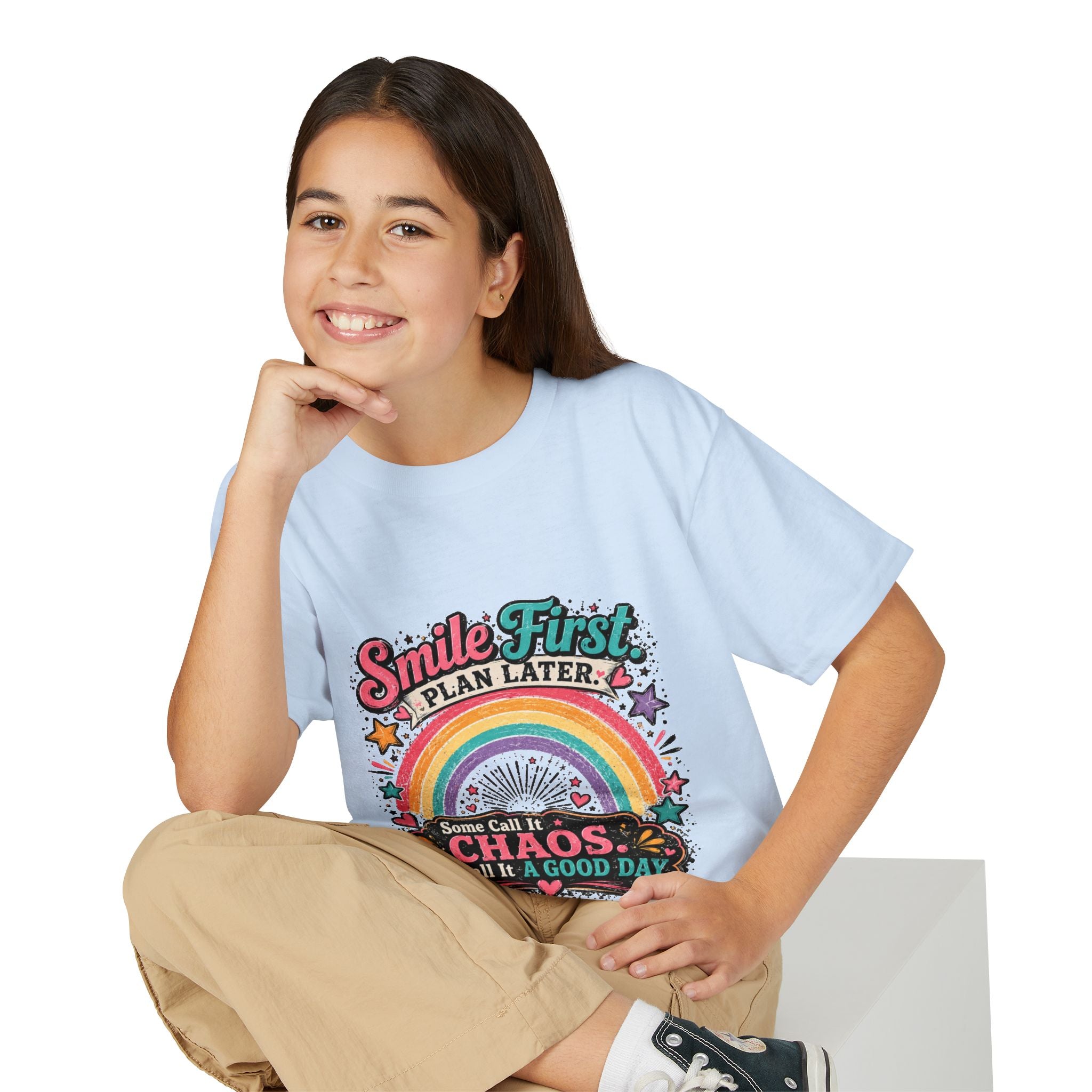 "Smile First, Plan Later" Rainbow Chaos Graphic Tee - Youth T-Shirt —