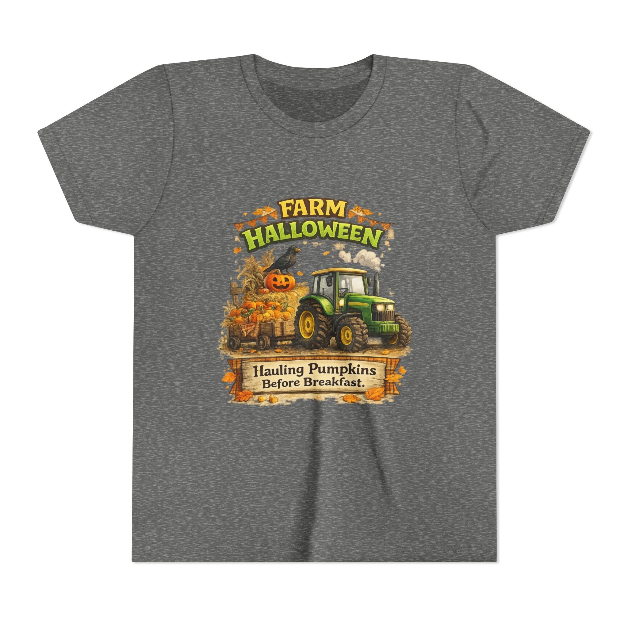 "Hauling Pumpkins Before Breakfast" Tractor Graphic — Youth Farm Halloween Tee