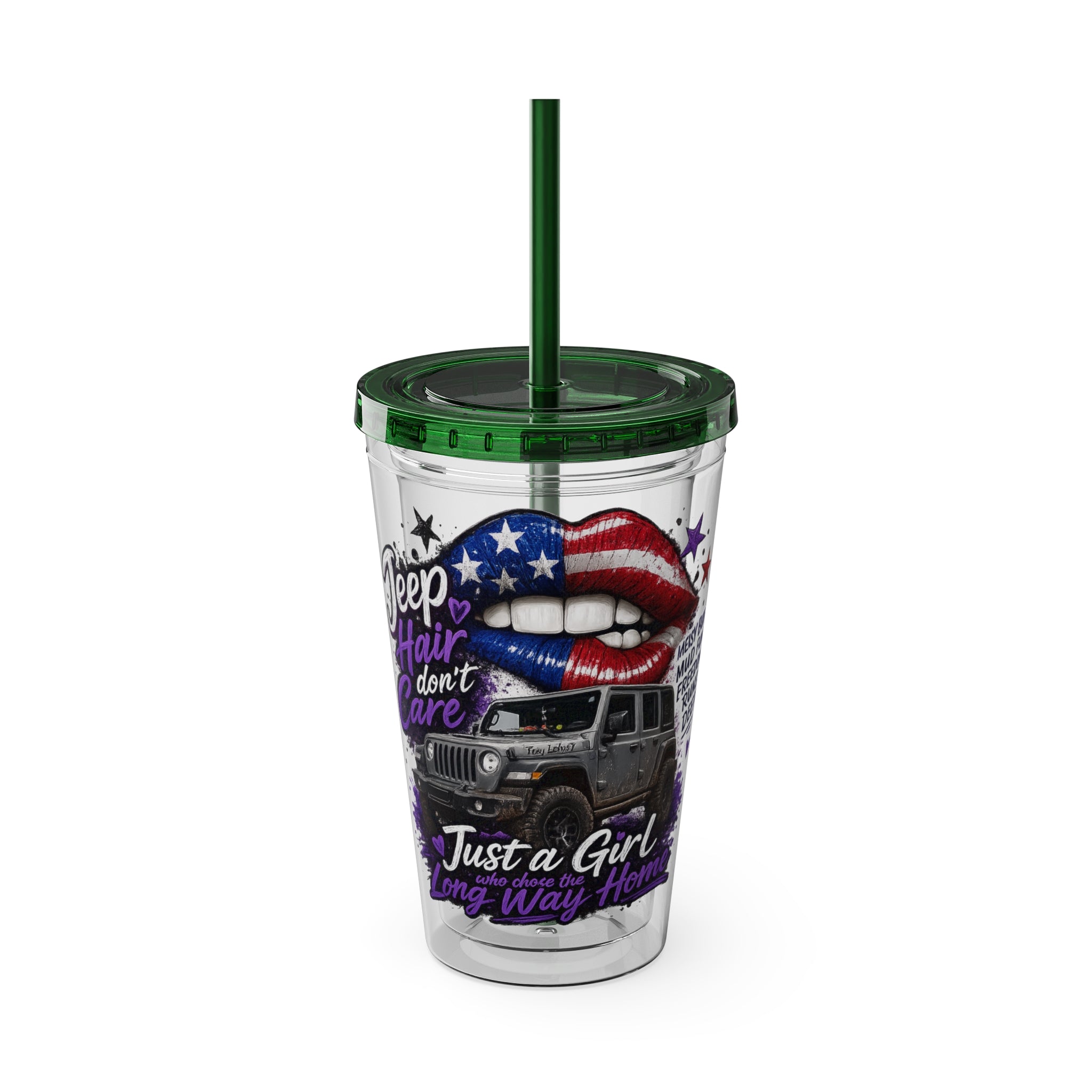 Jeep Girl 16oz Tumbler with Straw — American Flag Lips ‘Jeep Hair Don’t Care’ Design